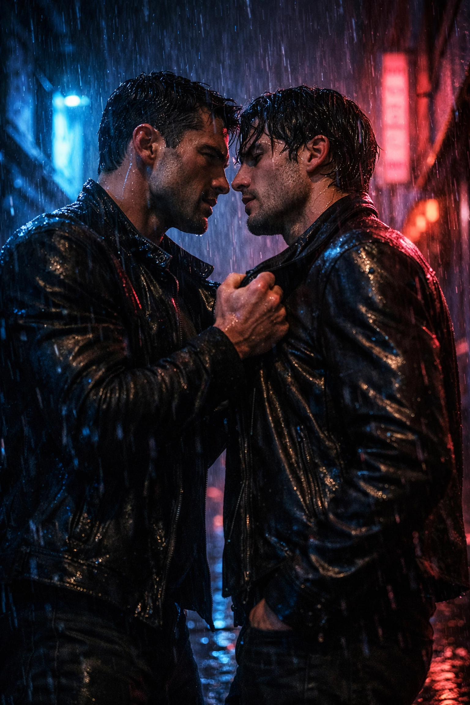 Dramatic scene of two men in a neon-lit alleyway representing the popular enemies to lovers MM romance trope.