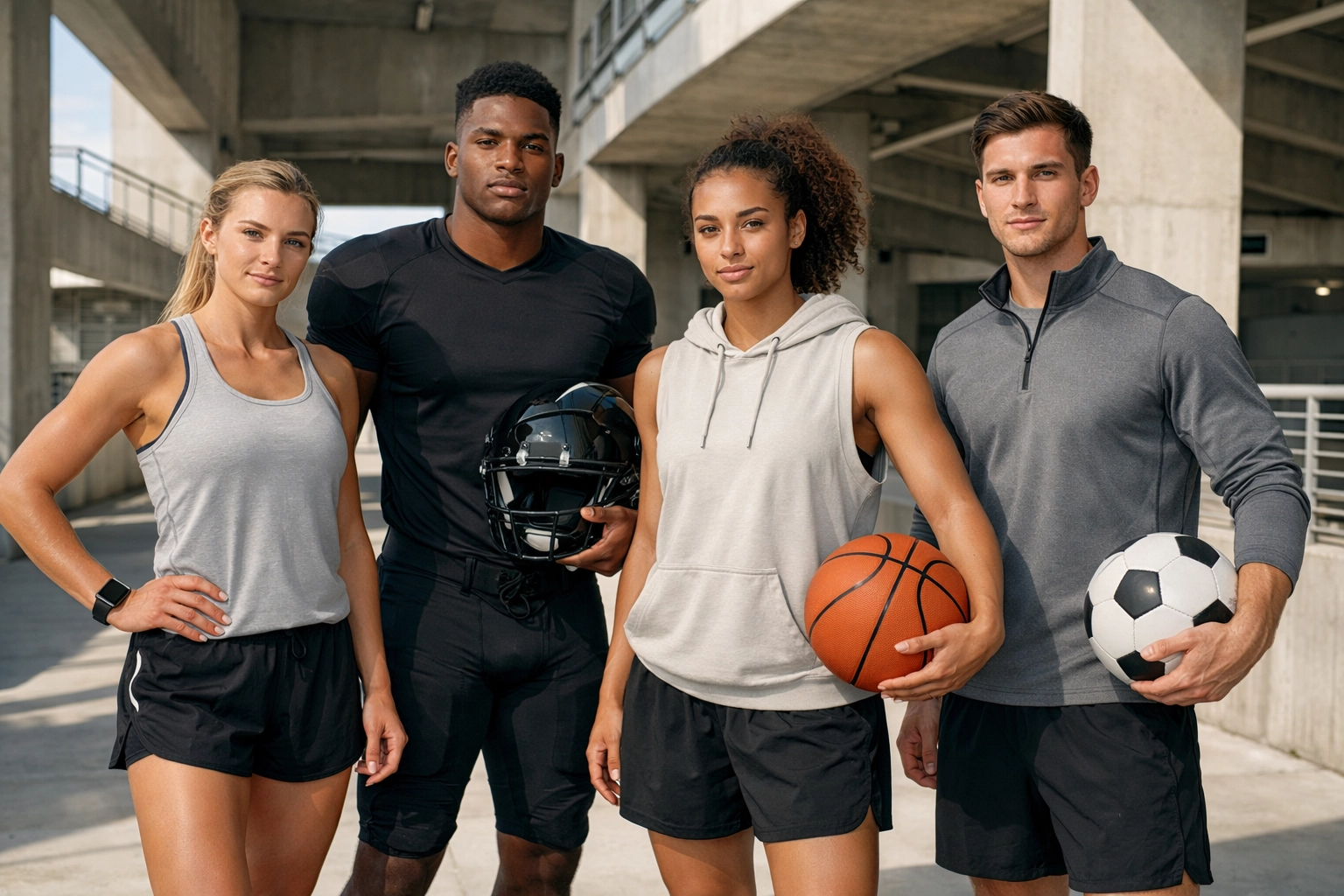 Diverse group of student-athletes in a stadium representing NIL campaign brand influence.