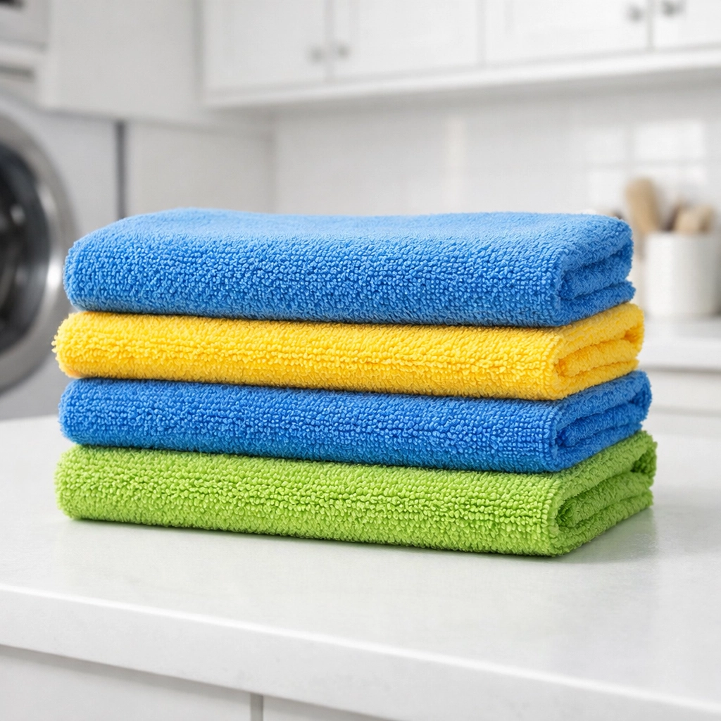 Color-coded microfiber cloths stacked neatly for professional bi weekly house cleaning.