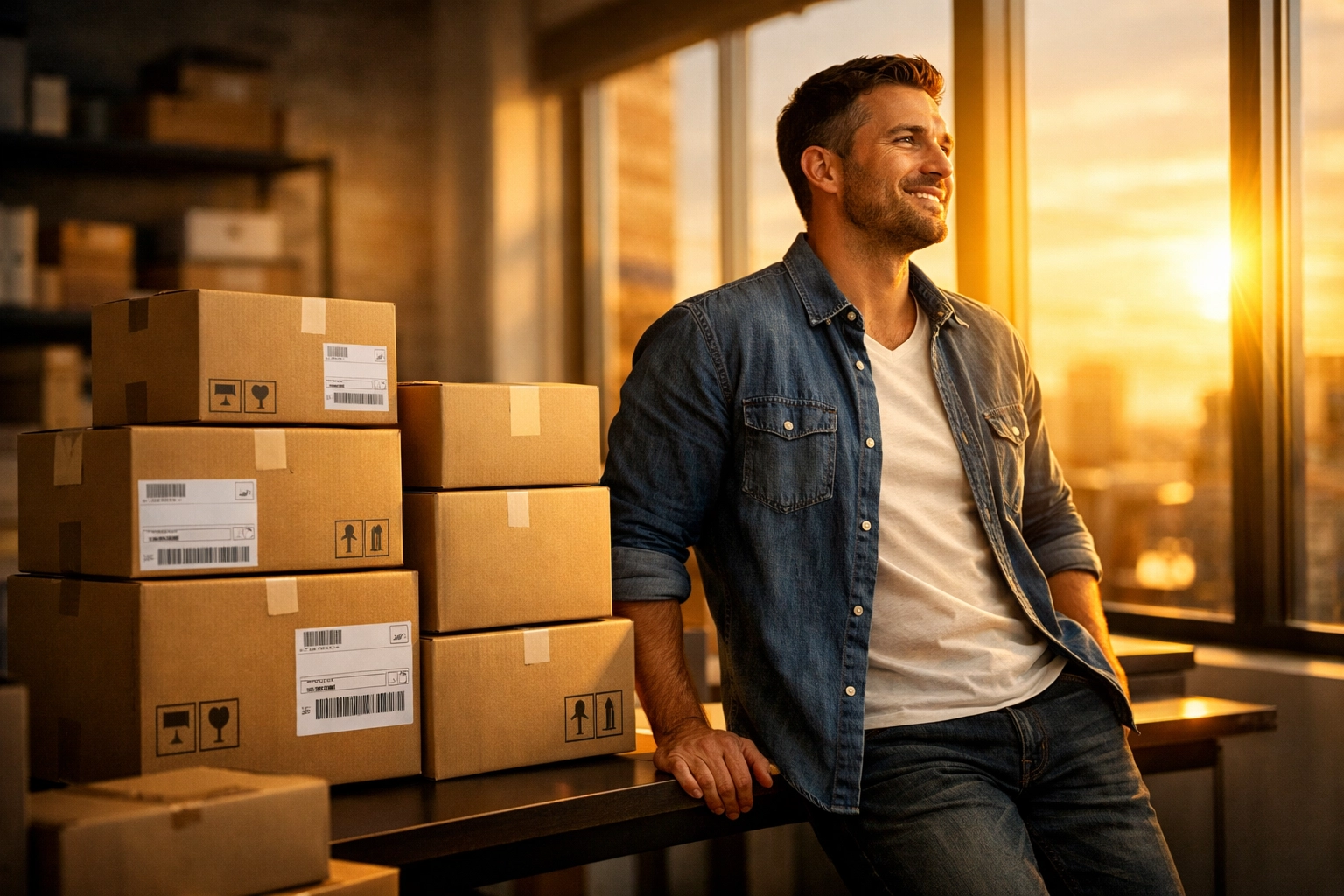 Confident e-commerce seller with boxes ready for 3rd party fulfillment services.