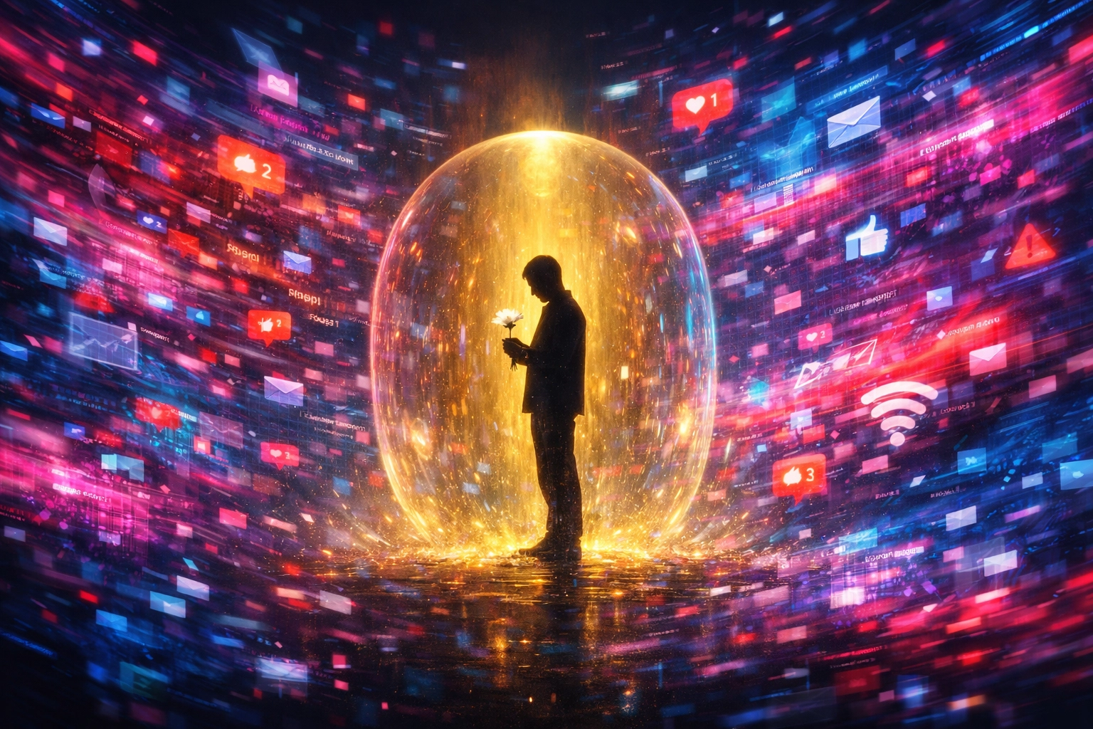 A person holding a flower protected from digital distractions, symbolizing mindful focus and calmness in the AI age.