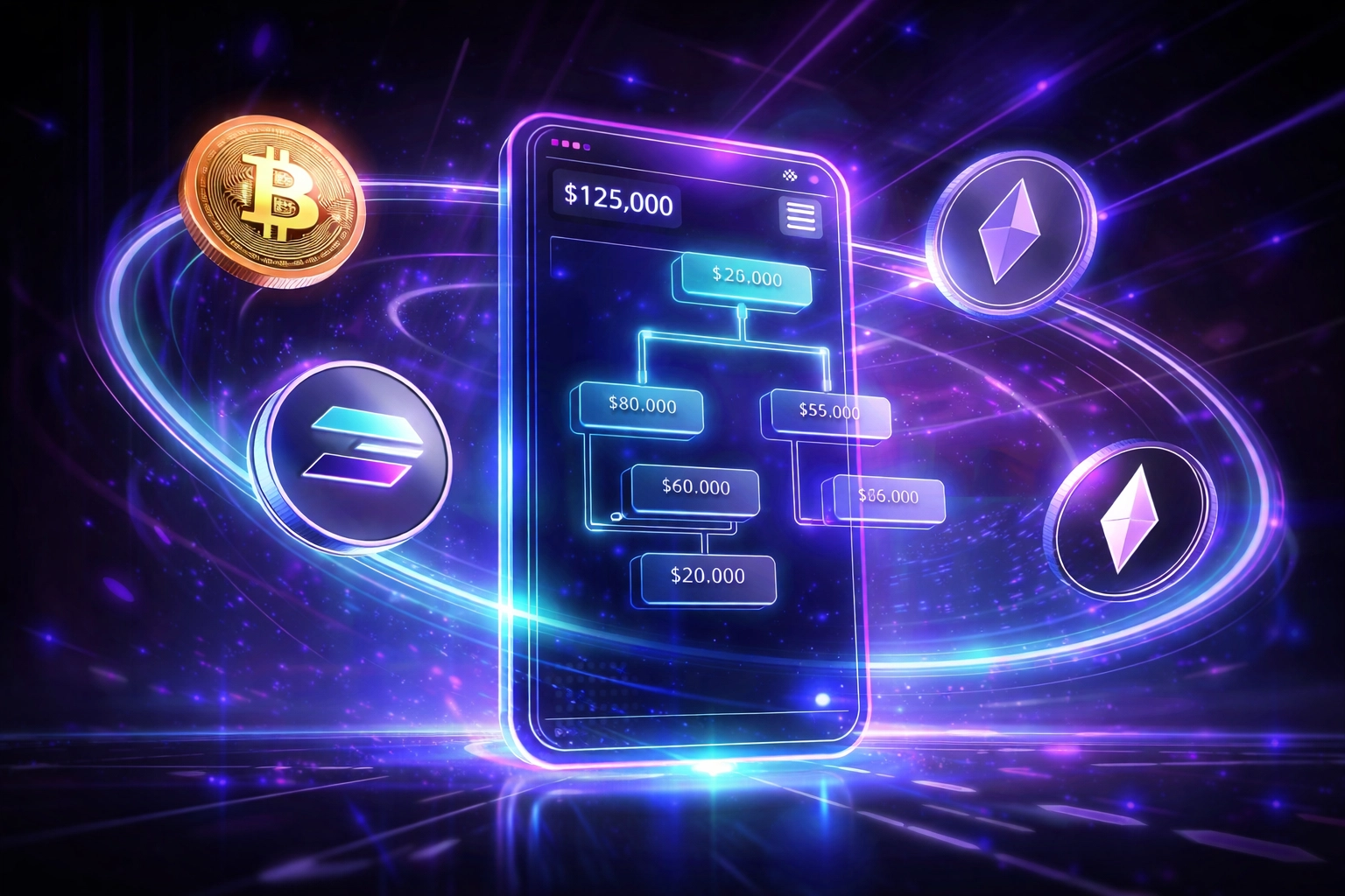 A digital wallet with branching sub-wallets and cryptocurrency coins, illustrating self-custody and crypto payments in the metaverse.