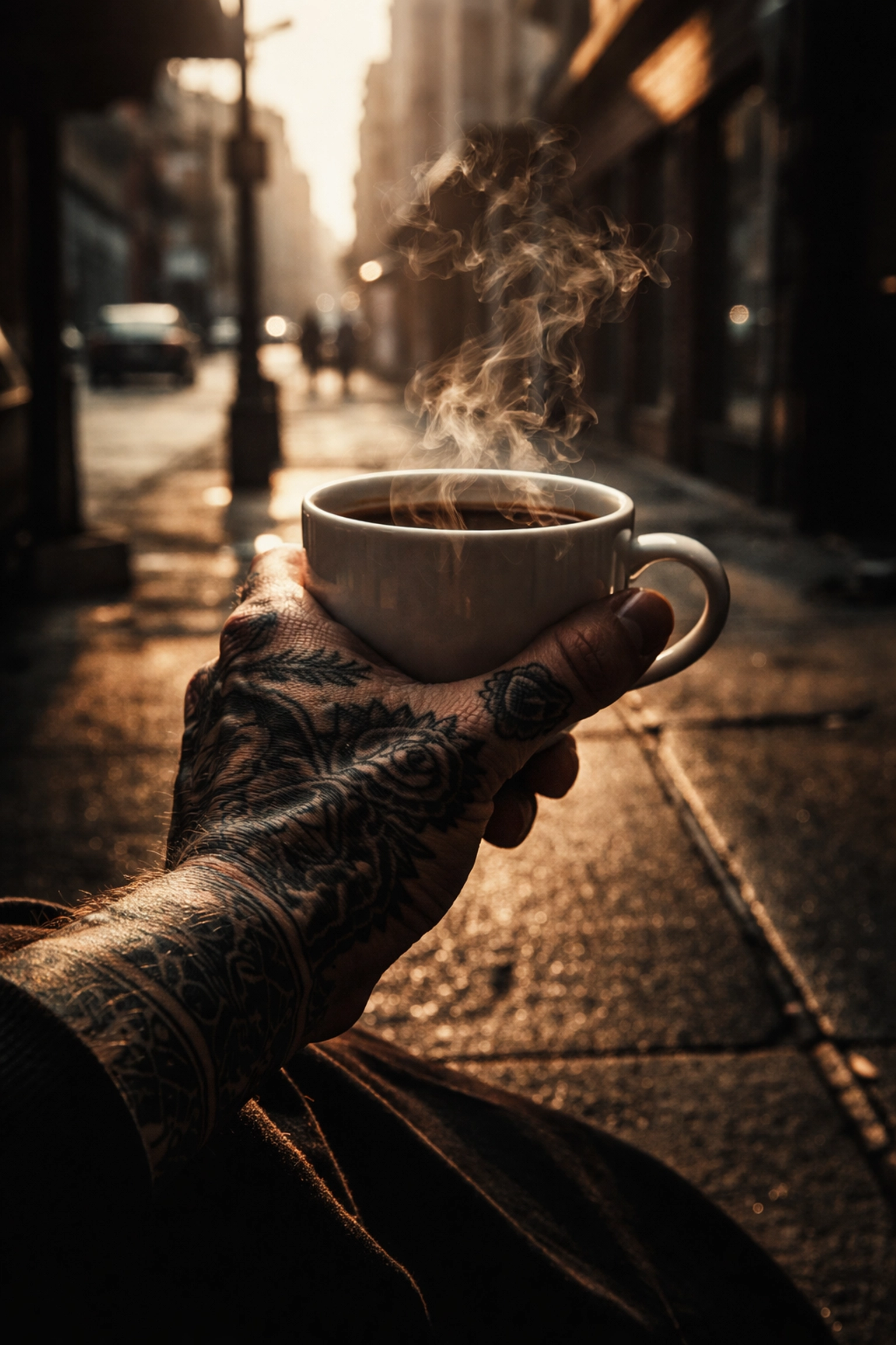 Tattooed hand holding a steaming Starbucks coffee cup on an Omaha sidewalk, symbolizing the pre-tattoo ritual.