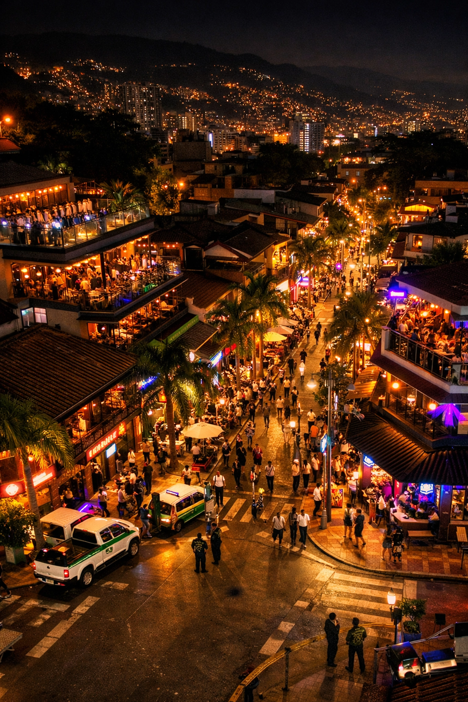 Provenza Street El Poblado Medellin nightlife district with rooftop bars and police presence