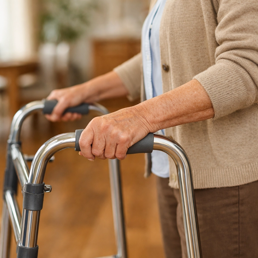 Senior adjusting walker handle height to proper wrist level for fall prevention