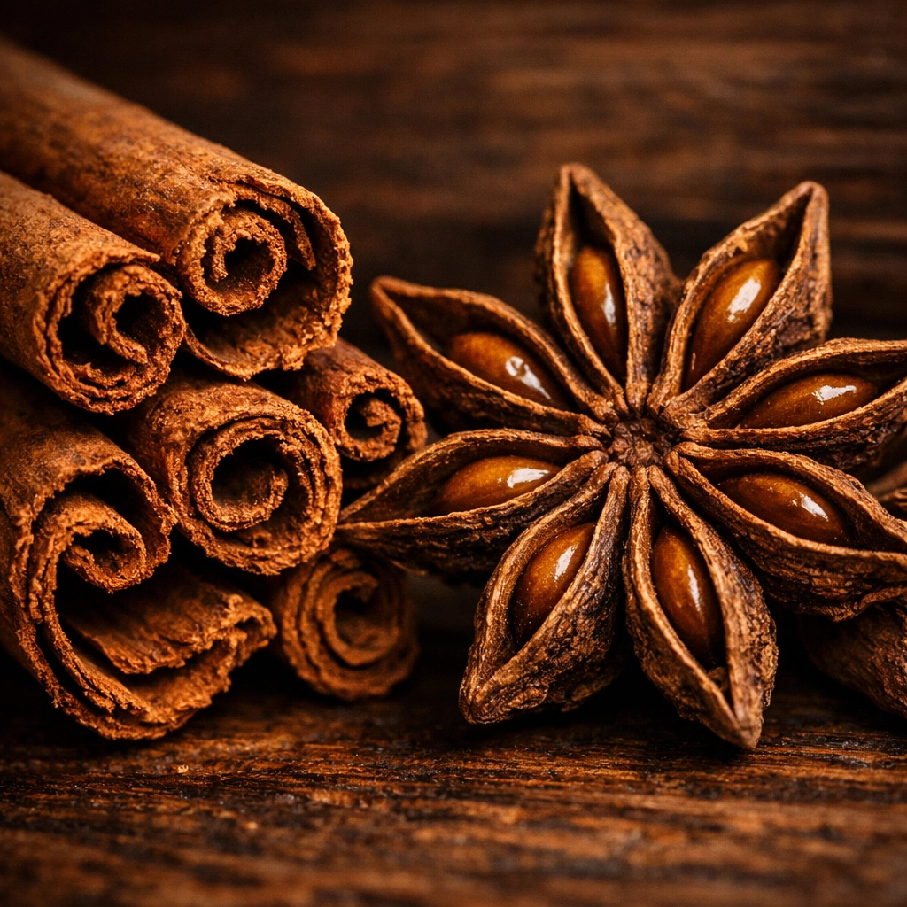 Close-up of true Ceylon cinnamon sticks and star anise pods for authentic Indian cooking.