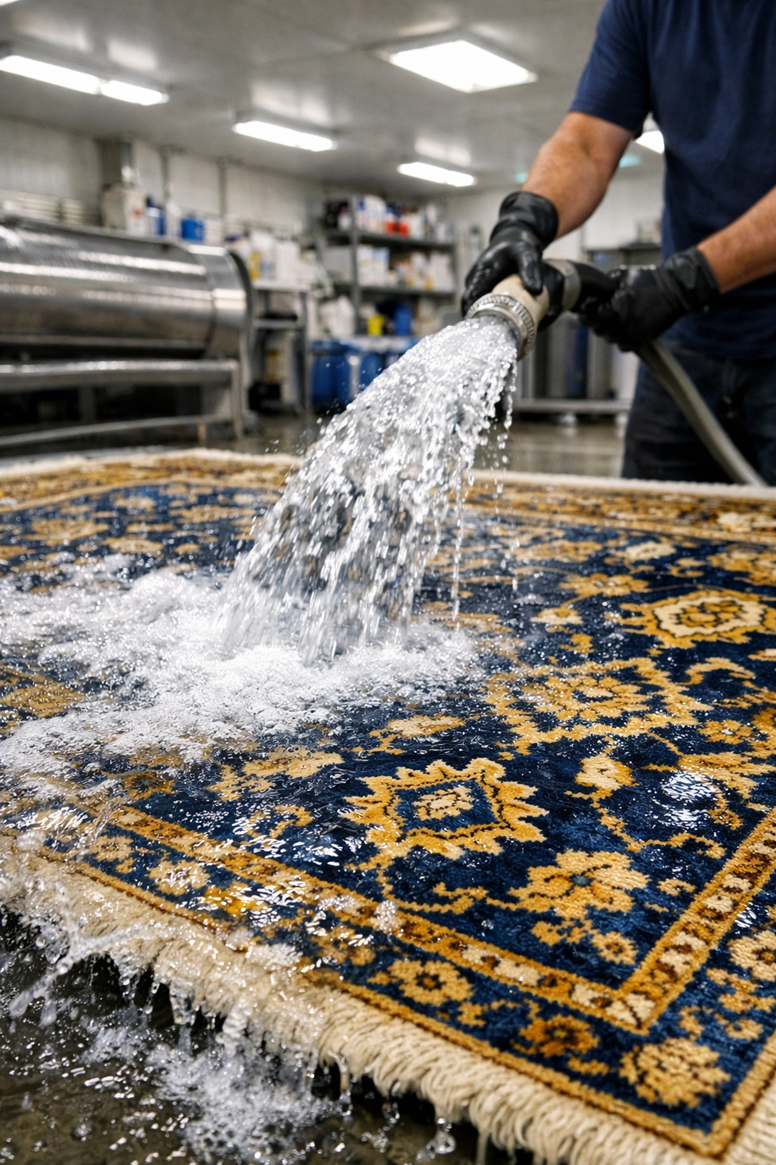 Professional in-plant washing of an oriental rug to remove deep dirt and allergens in Westchester.