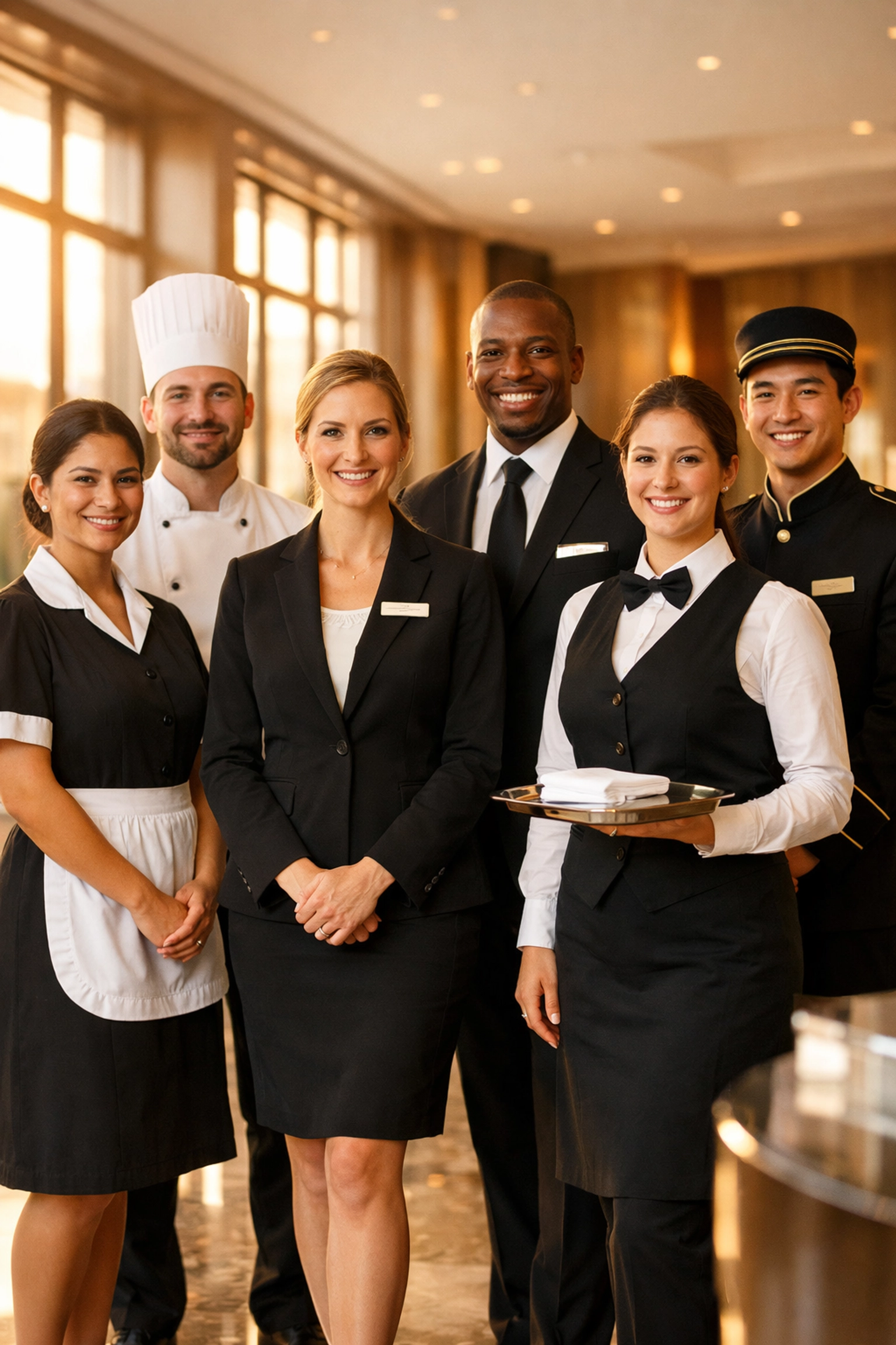 Professional hospitality staffing team in hotel lobby representing quality event staff