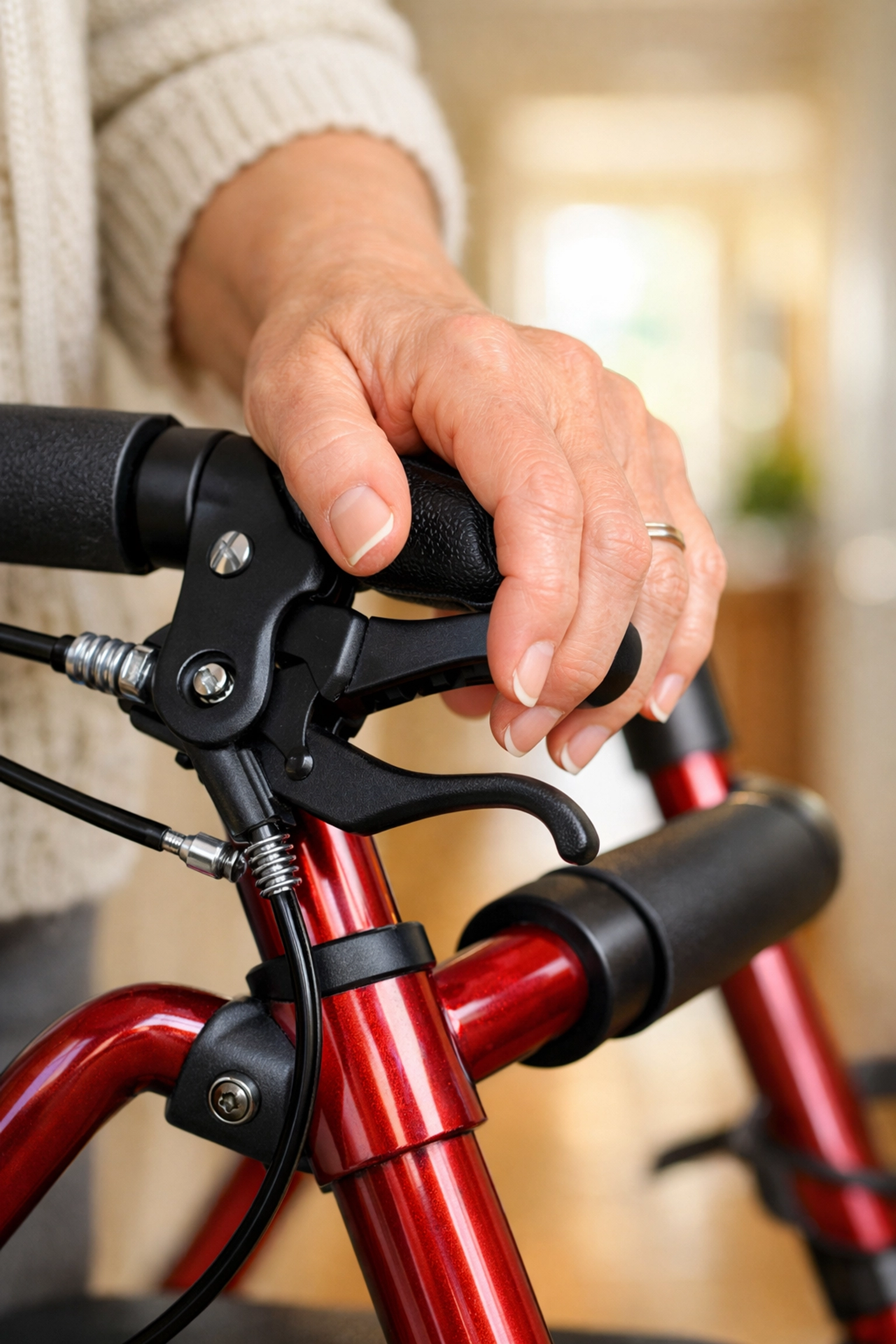 Close-up of a person engaging the hand brakes on a rollator walker to ensure safety before sitting.