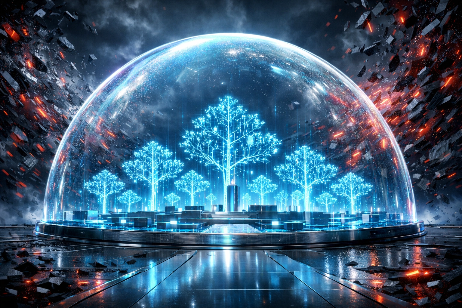 Protected digital sanctuary dome symbolizing AI security and defensive infrastructure for business leaders.