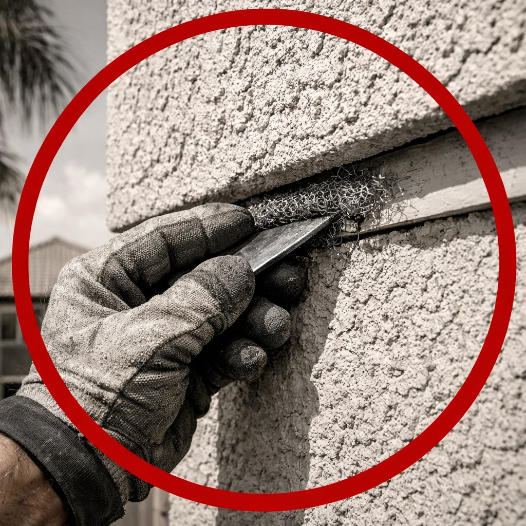 Professional pest control technician sealing a gap in a Coolidge AZ home for specialized exclusion.