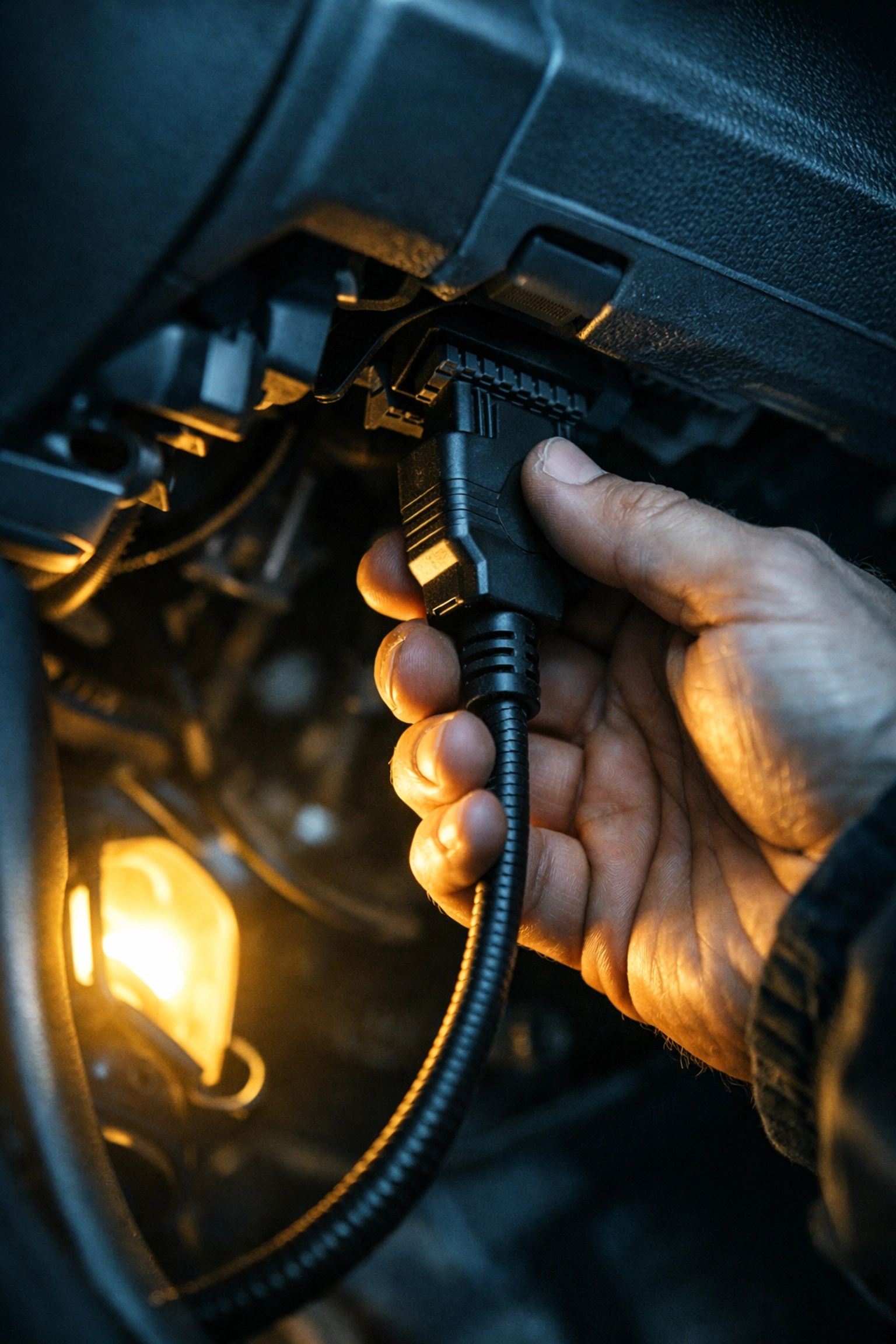 Venice FL mechanic connecting a scanner to a car's OBD-II port for professional engine diagnostics.