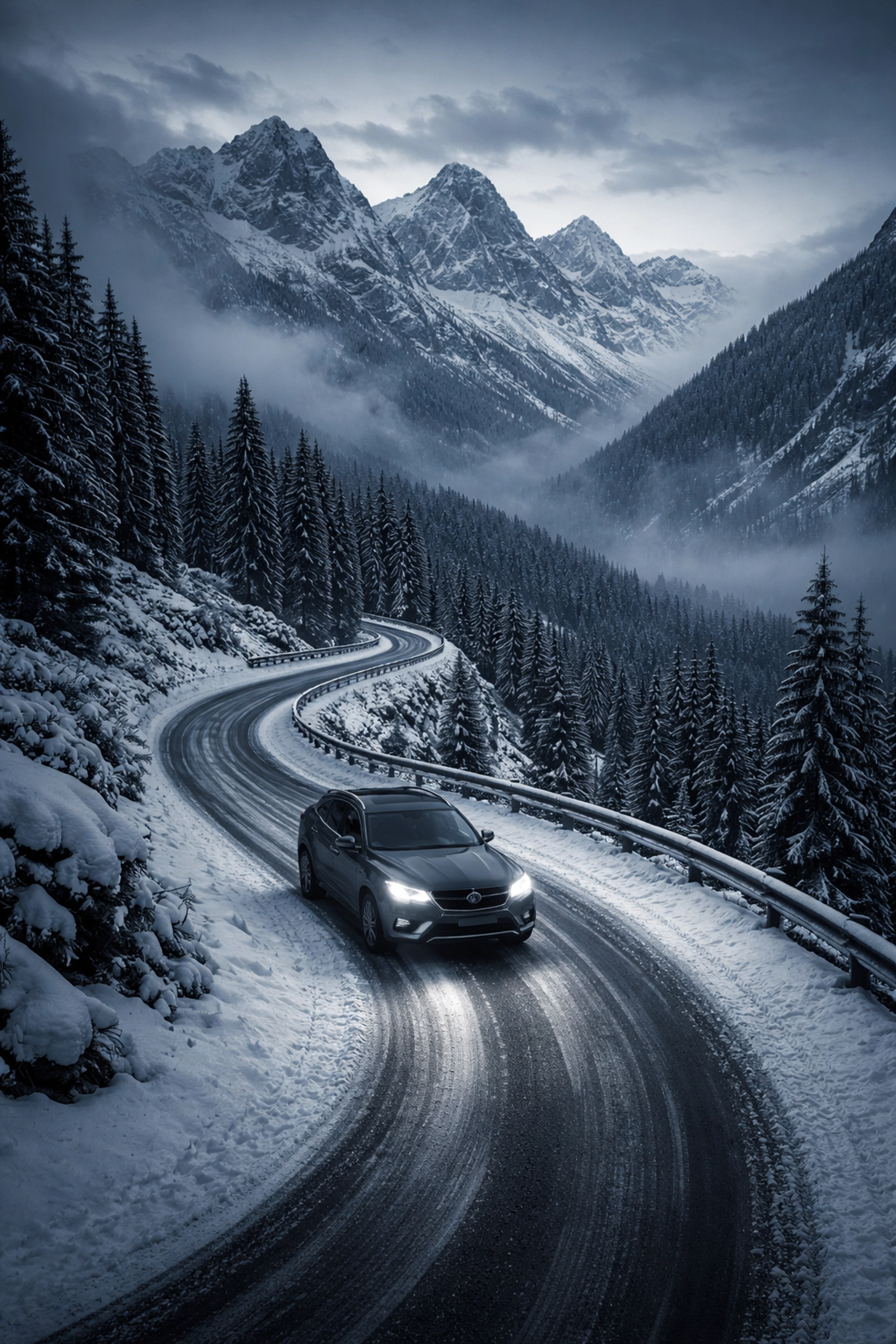Luxury SUV navigating snowy Swiss Alps, illustrating reliable chauffeured transport for elite global events