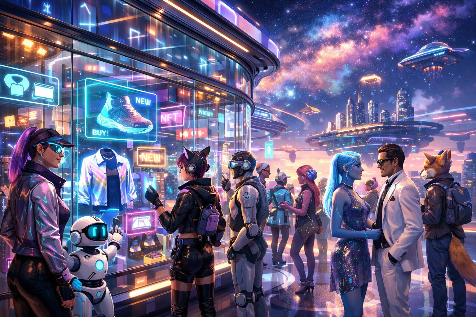 Avatars shopping in a vibrant metaverse marketplace with integrated Web3 payment solutions for global commerce.