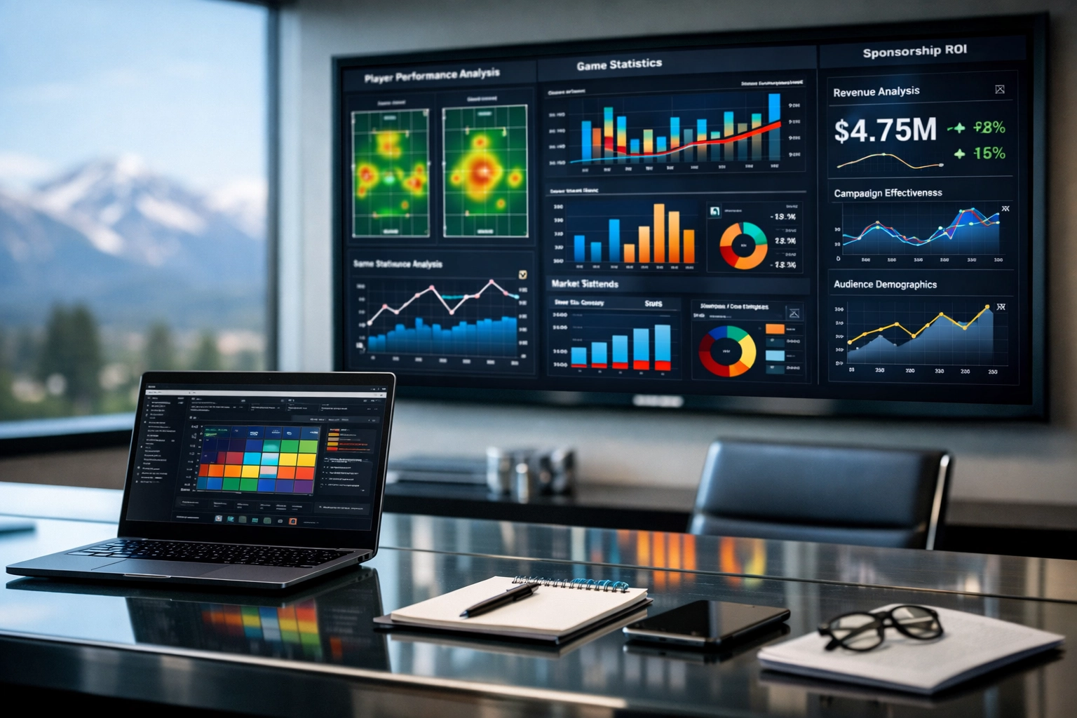 High-tech operations center displaying a sports data analytics dashboard for strategic consulting.