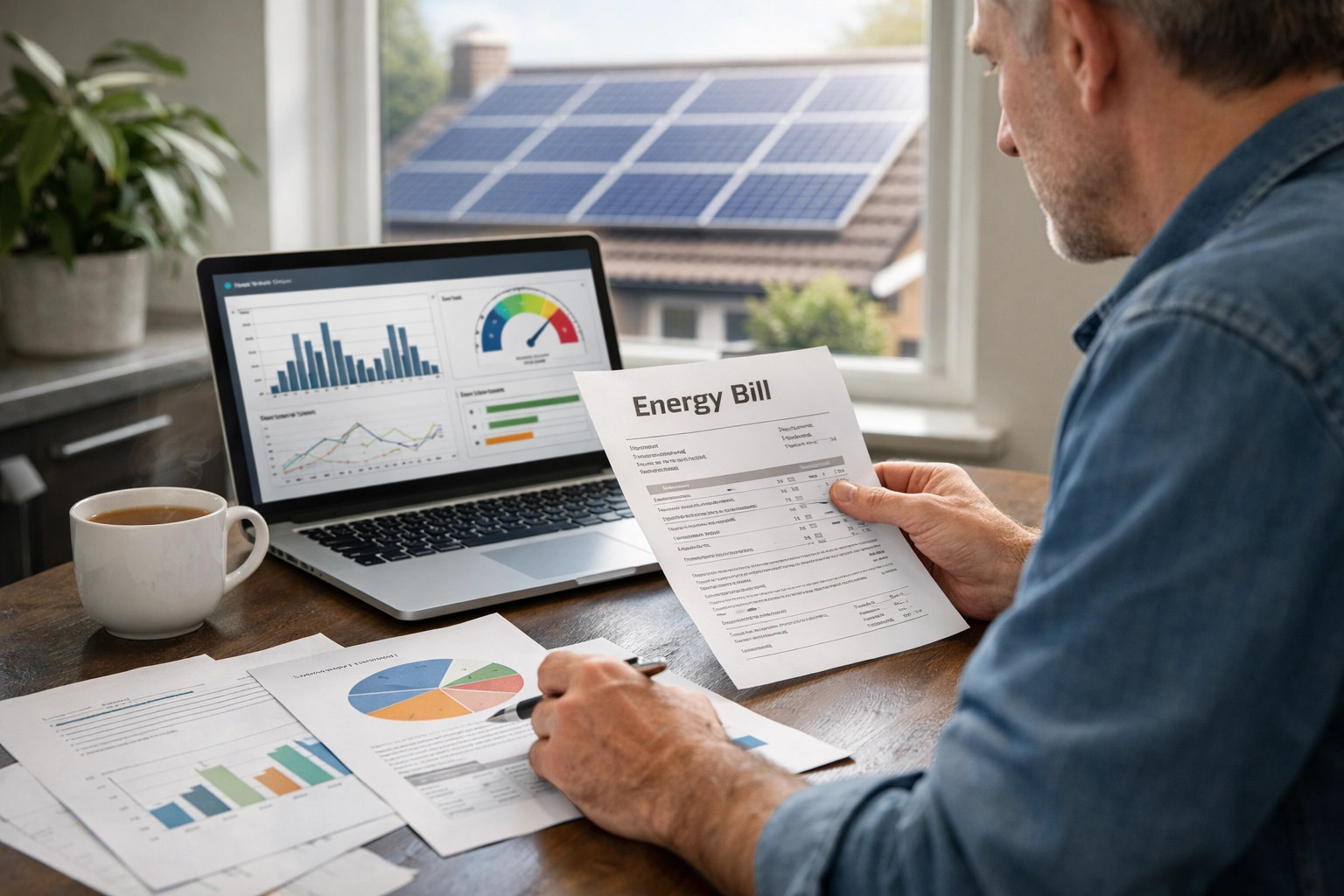 Homeowner reviewing solar panel energy bills and monitoring electricity savings at kitchen table