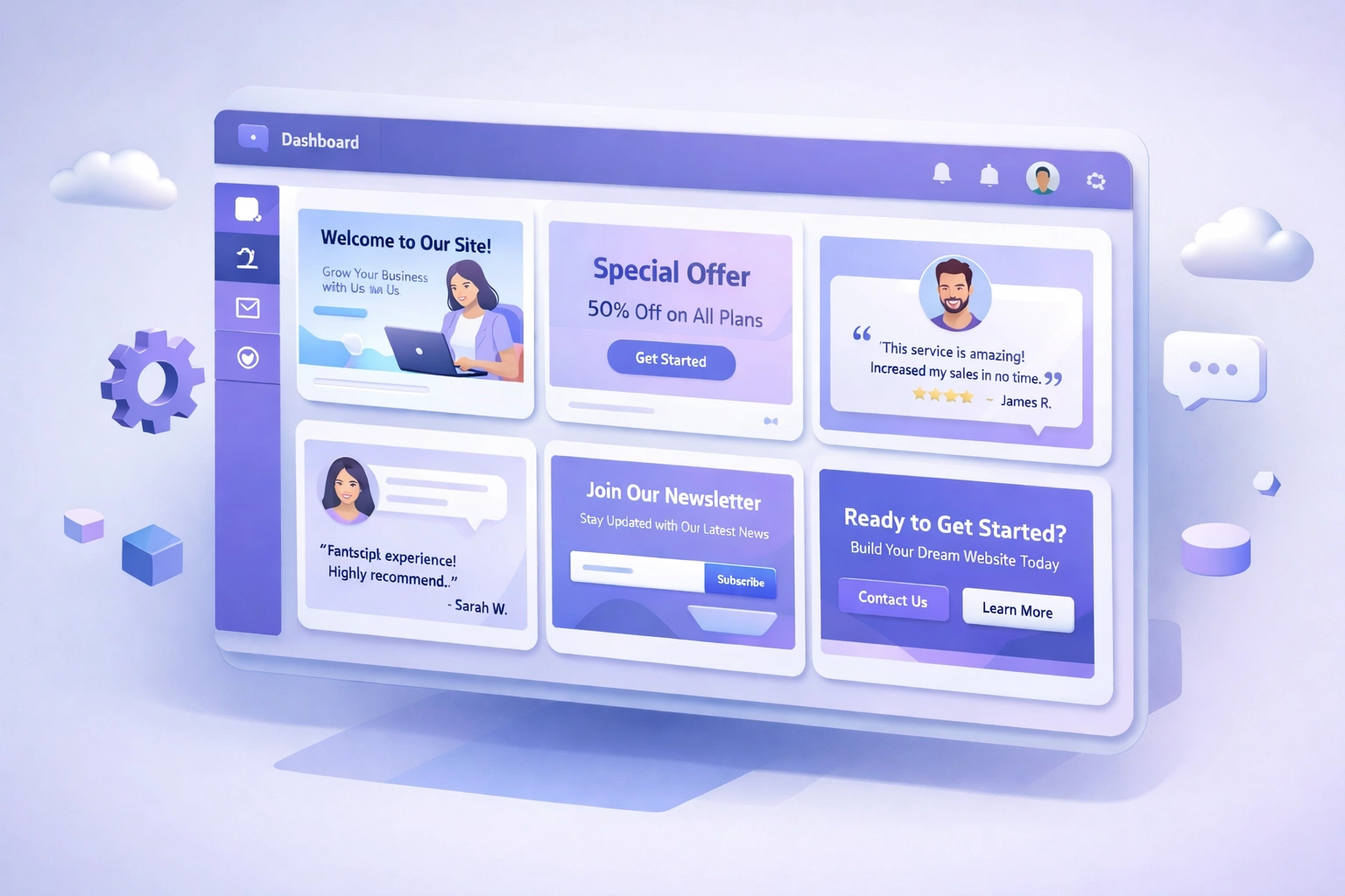 Website control panel displaying grid of preview windows for hero sections and testimonial blocks