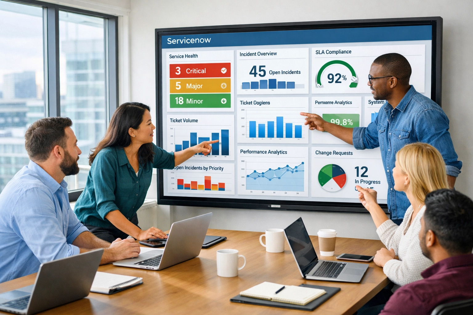 IT consulting team reviewing ServiceNow ITOM dashboards for DORA compliance and operational resilience monitoring