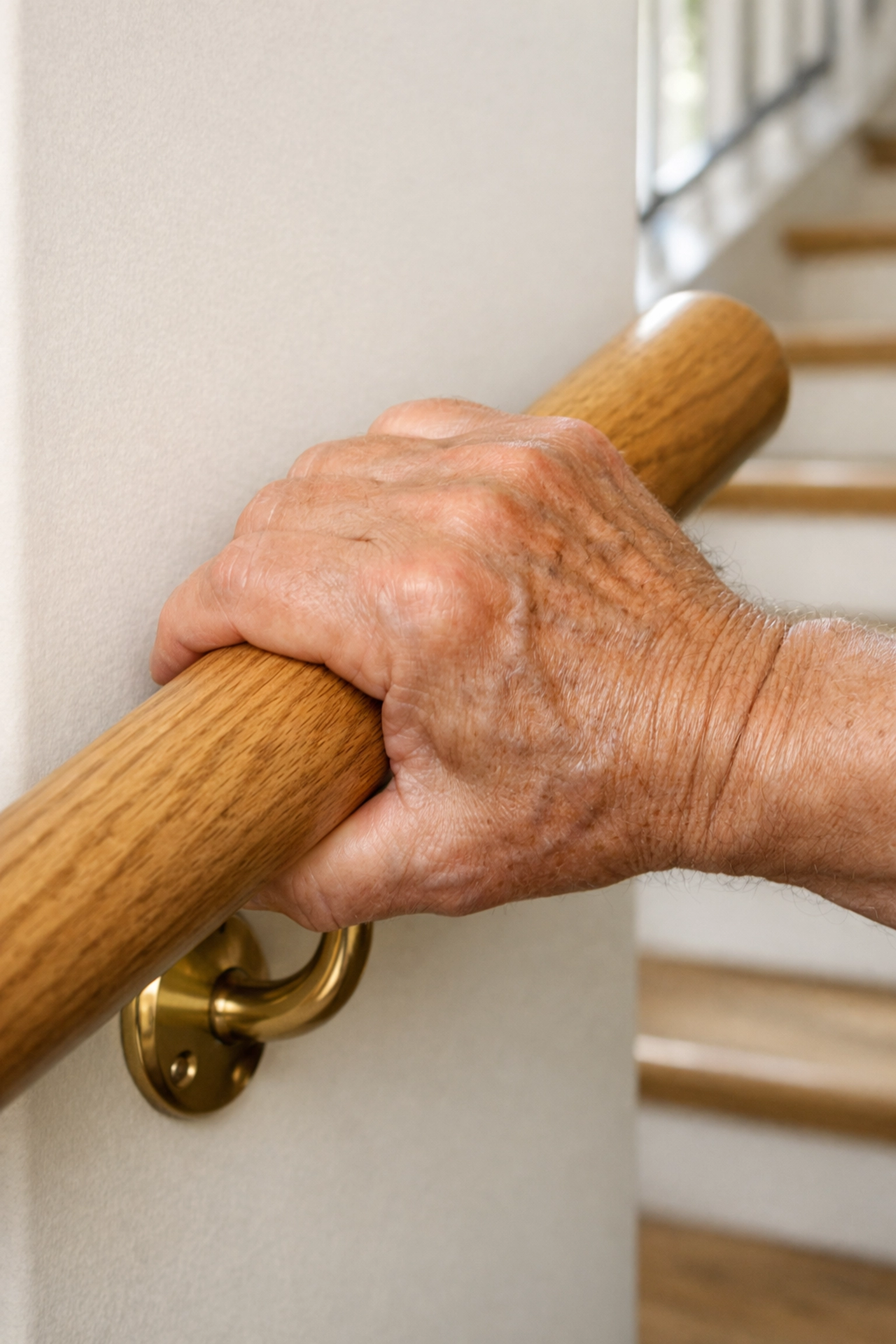 Close-up of an older adult's hand firmly grasping a sturdy wooden handrail for balance on stairs.