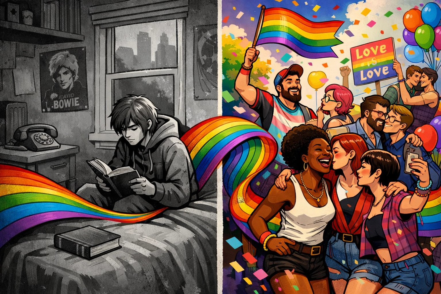 1970s queer isolation contrasted with modern LGBTQ+ celebration connected by rainbow ribbon