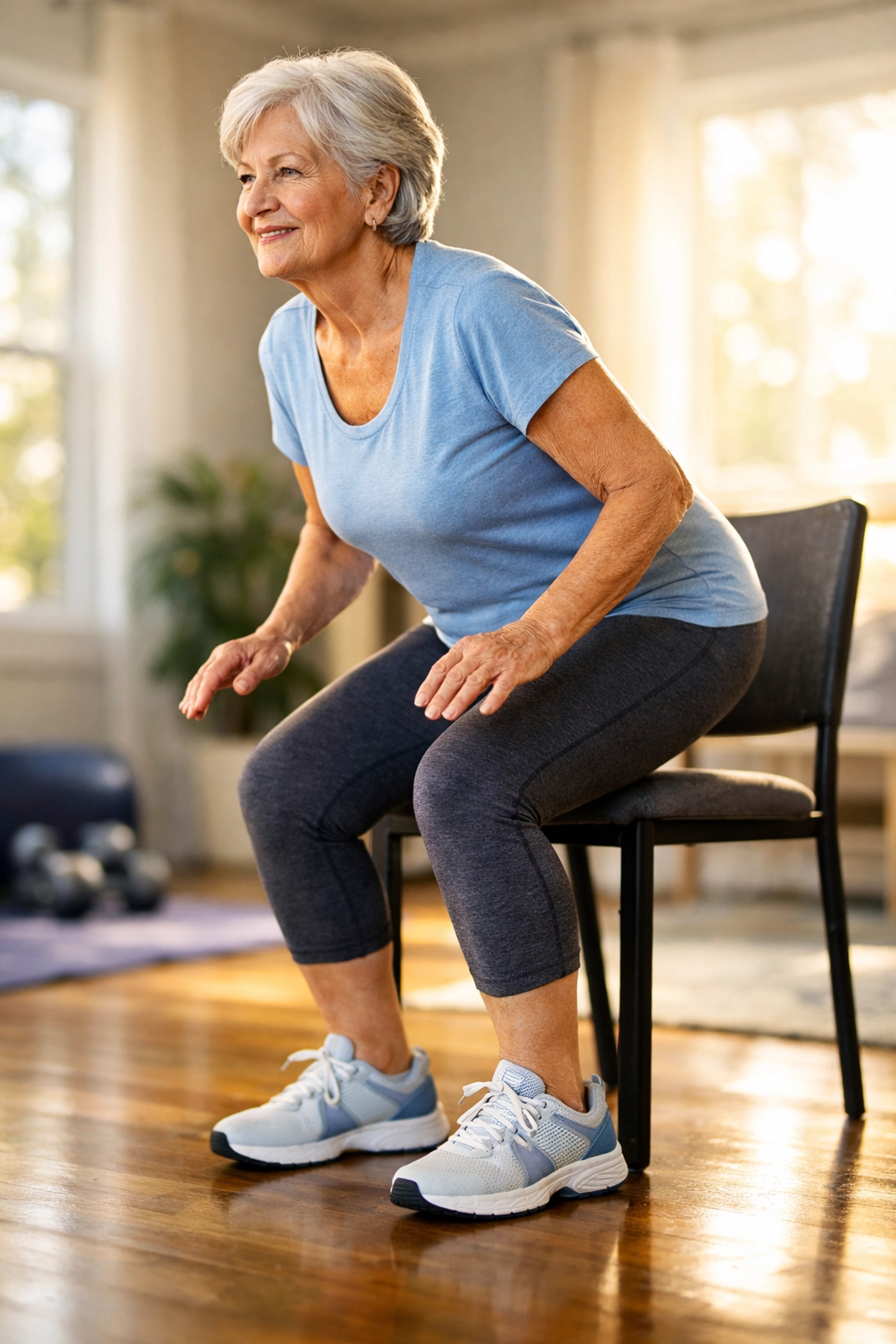 Senior woman performing a sit-to-stand exercise to build leg strength and balance.