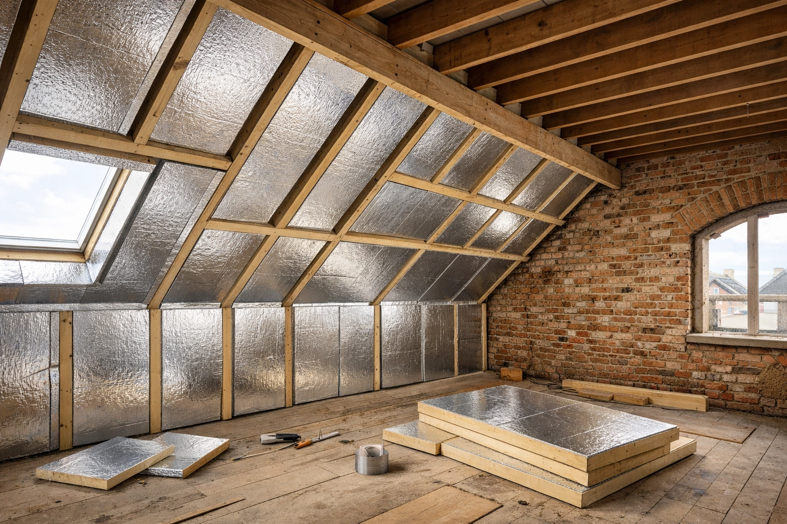 High-grade PIR insulation boards being installed in a North London loft extension for energy efficiency.