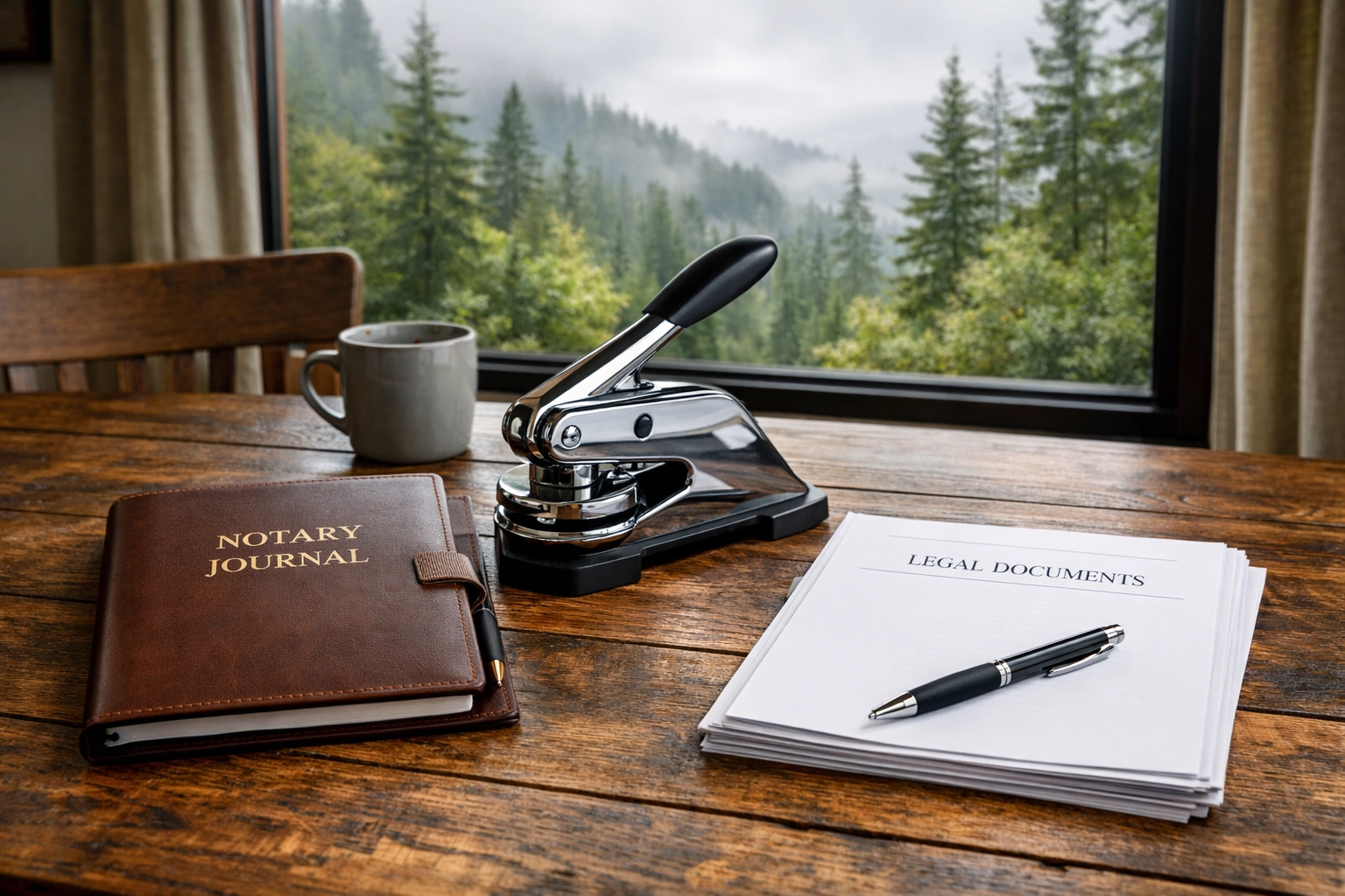 Professional mobile notary services kit with seal and journal ready for a residential signing appointment.