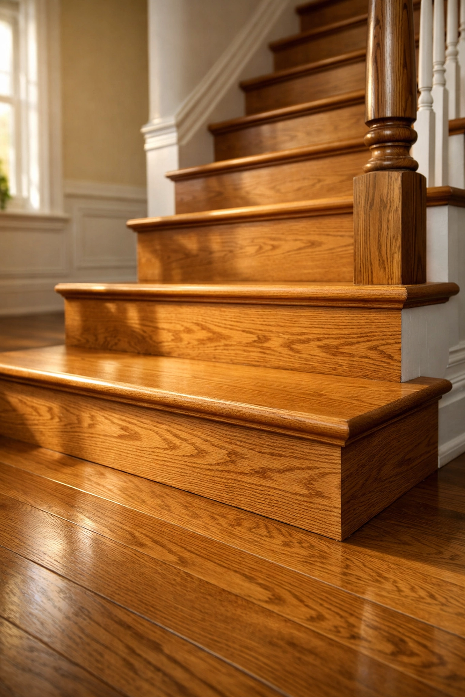 Wooden staircase showing uniform step height and depth for safe climbing at home.