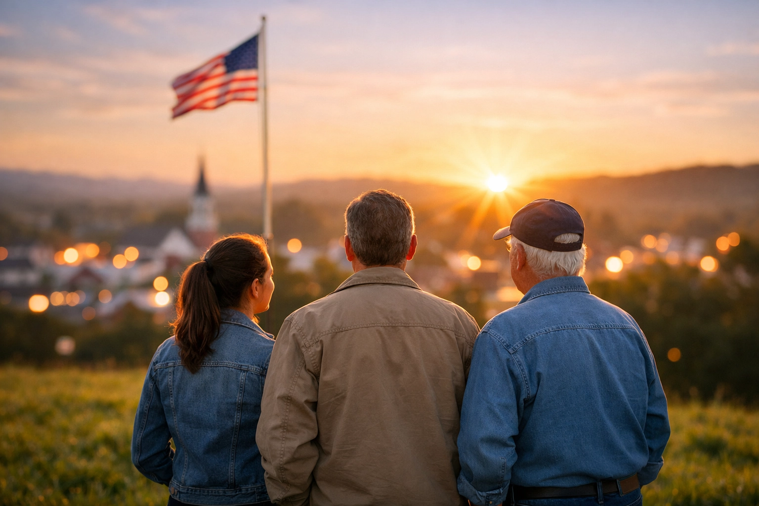 Community members looking at a small town sunrise, representing a shared mission and American unity.