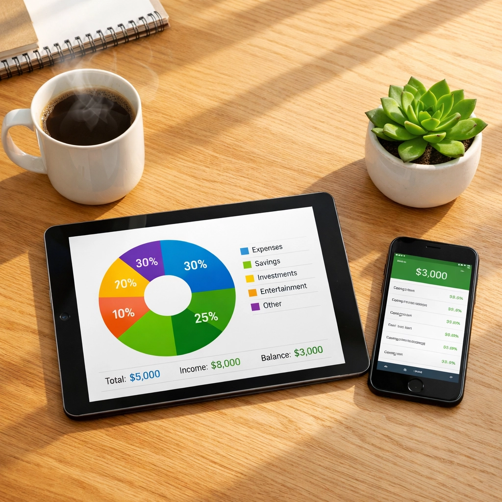 Tablet displaying a budget pie chart on a desk for tracking monthly spending.