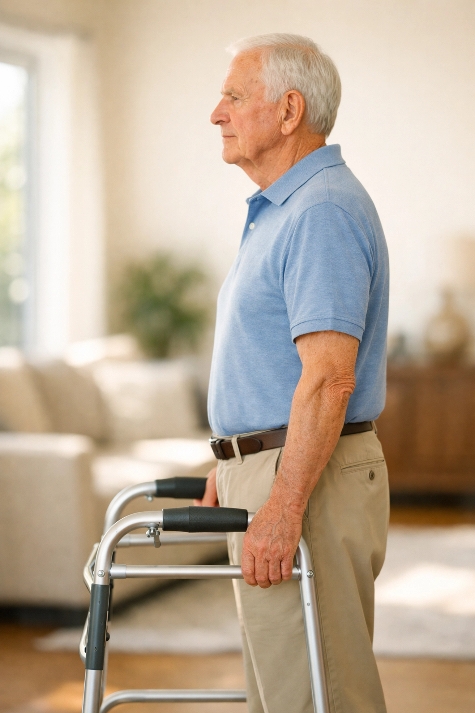Elderly man demonstrating correct walker height with handgrips at wrist crease level.