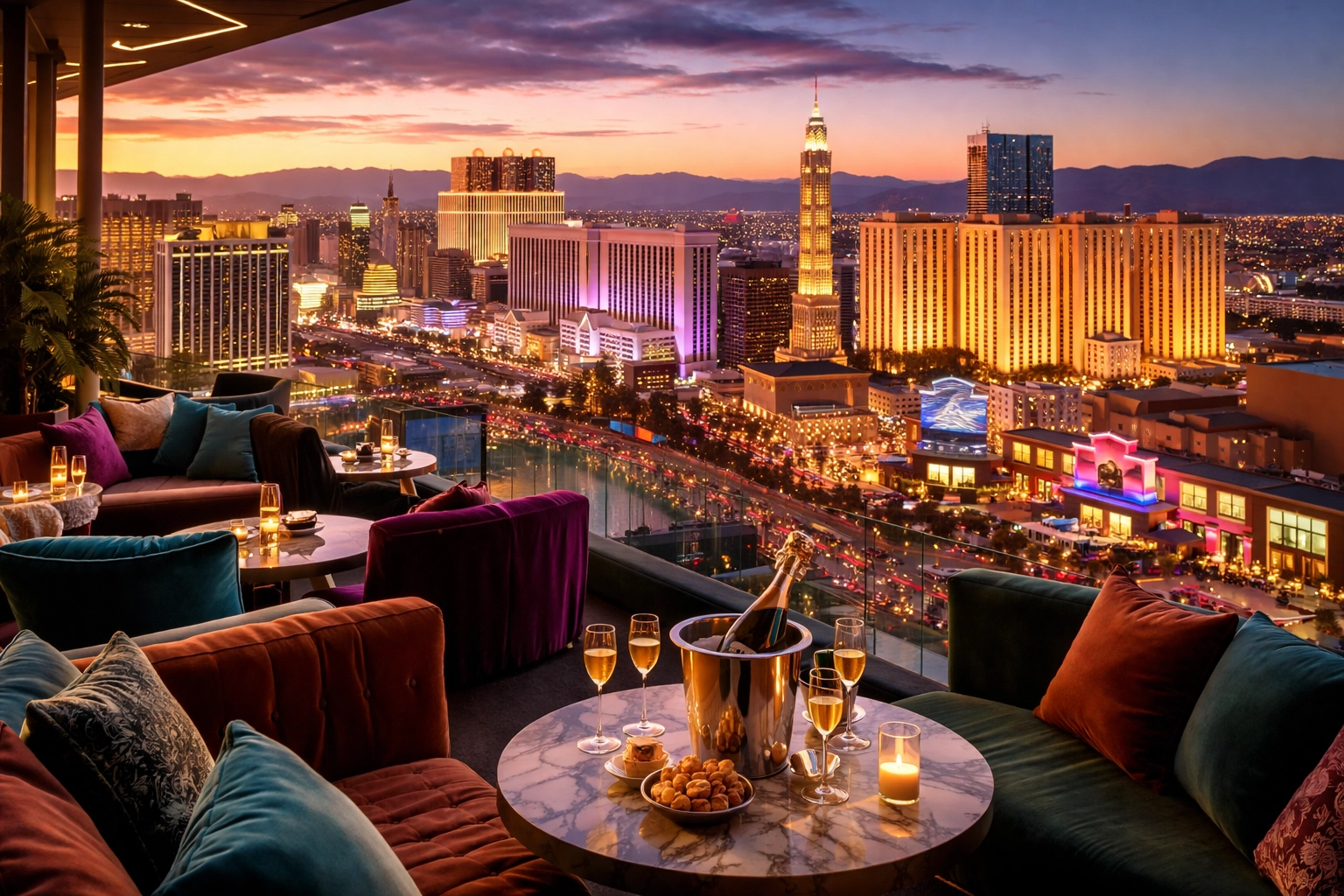 Rooftop lounge with velvet seating and champagne overlooking the Las Vegas Strip, highlighting VIP access.