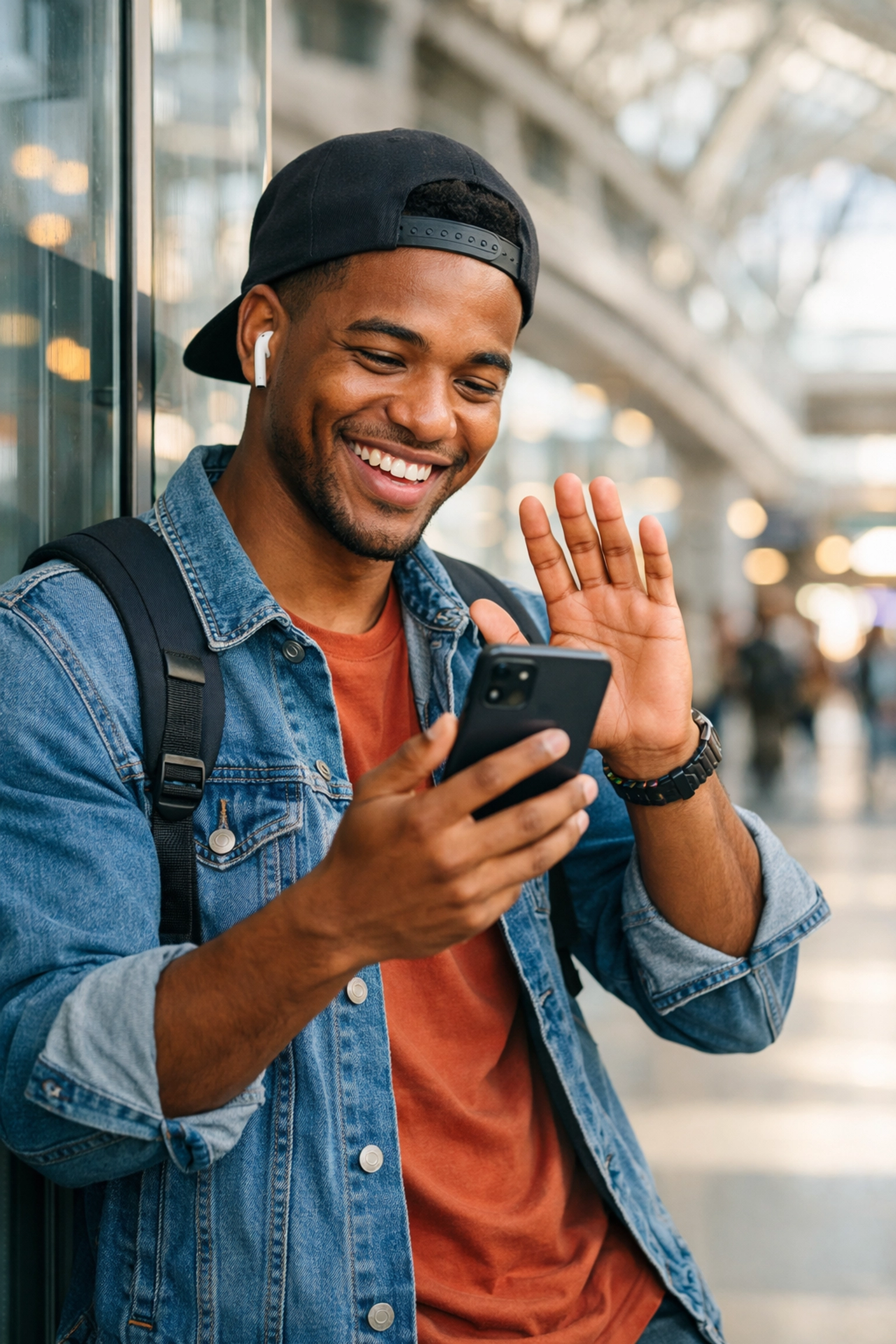Estudante cabo-verdiano em Portugal usa smartphone numa estação de metro moderna para videochamada.