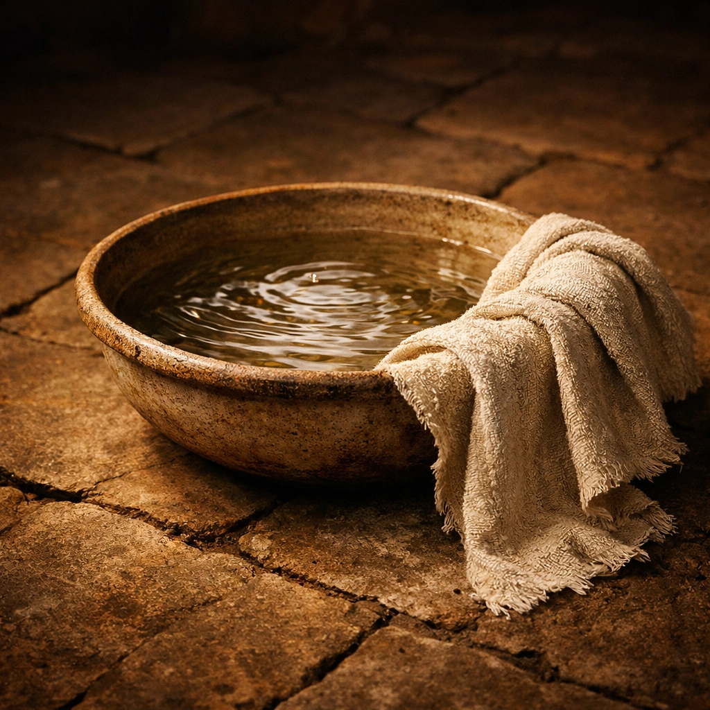 A ceramic basin of water and a linen towel representing Jesus’ humble service and foot washing on Maundy Thursday.
