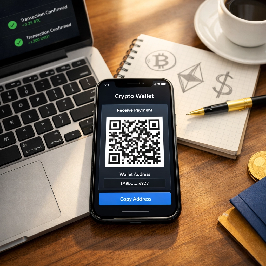 Merchant workspace with crypto wallet QR code for accepting LARE and LUSD stablecoin payments