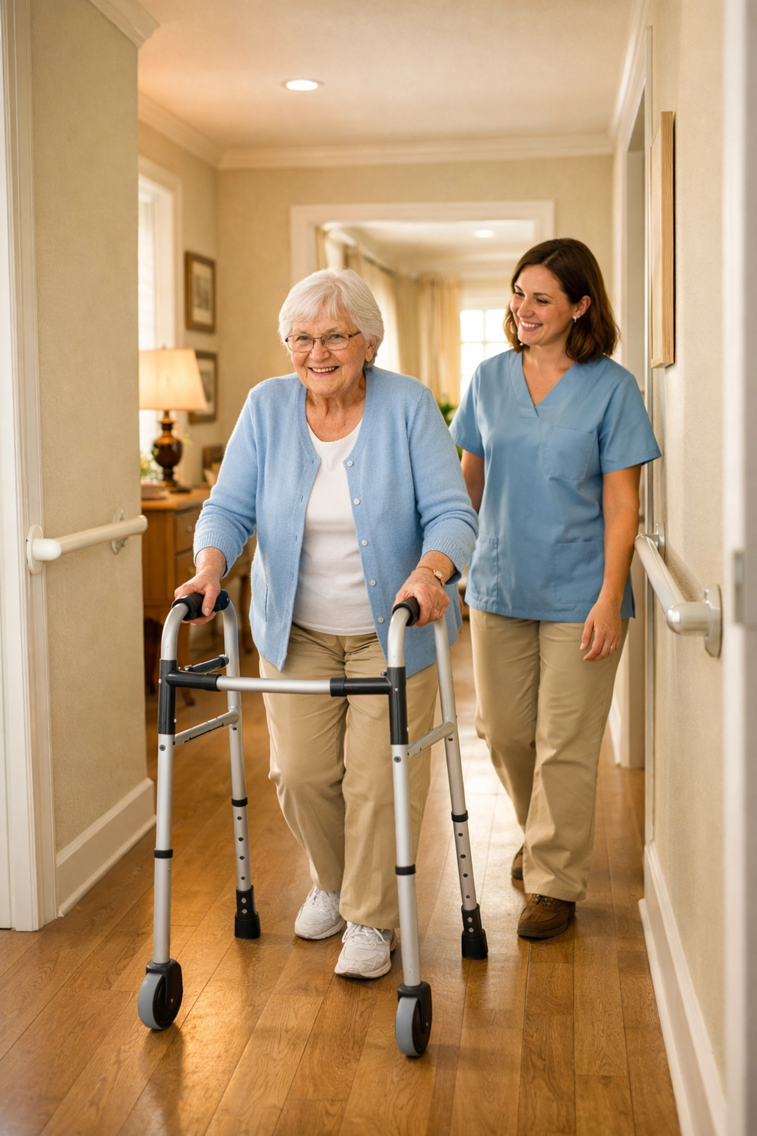 Elderly woman using walking frame with carer support in accessible Southampton home