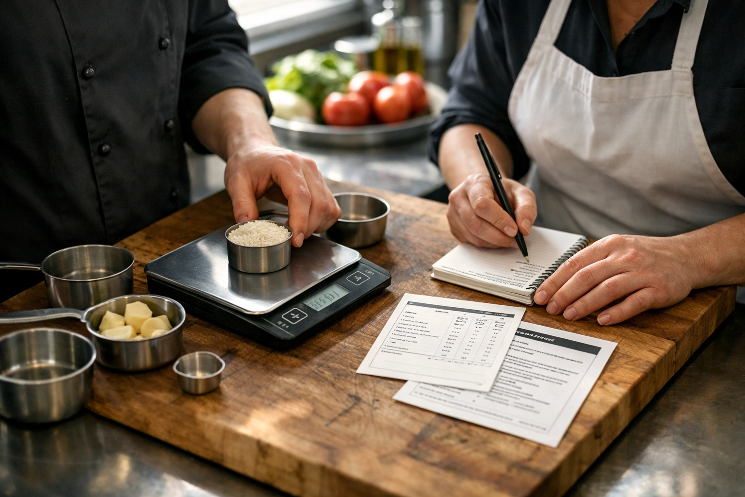 Restaurant staff measuring ingredients with portion scales to calculate food cost formula