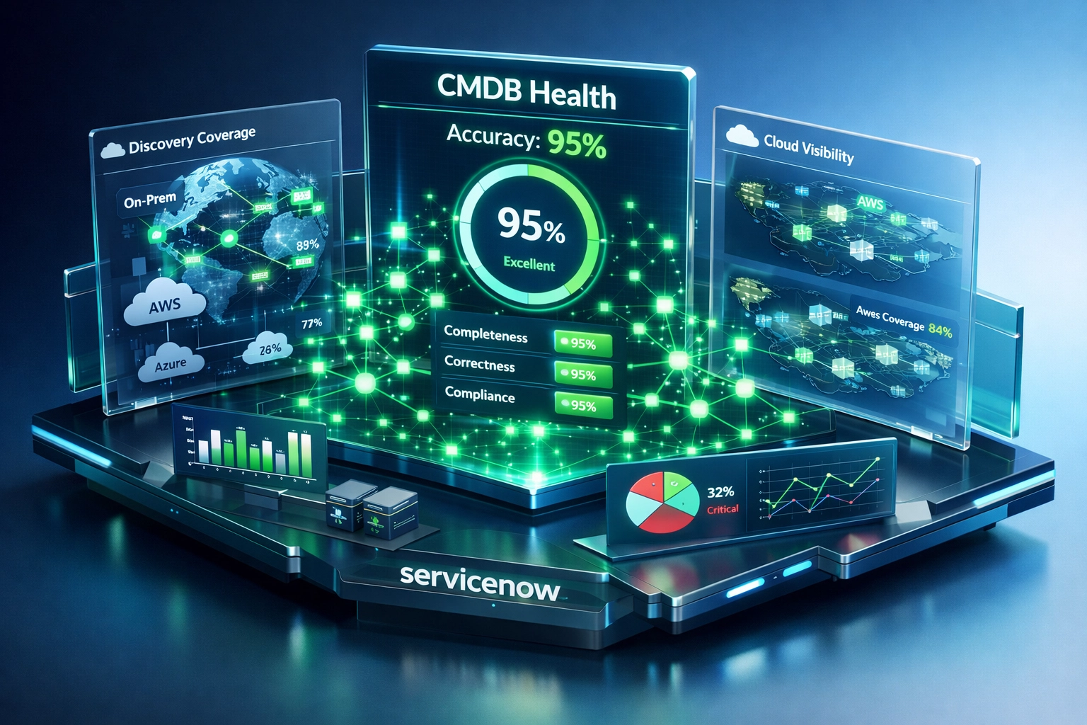 ServiceNow ITOM dashboard showing CMDB health metrics and discovery coverage assessment