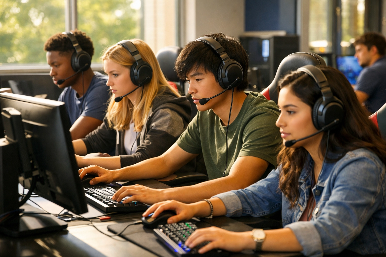 High school students engaged in an esports education program inside a modern simulation learning lab.