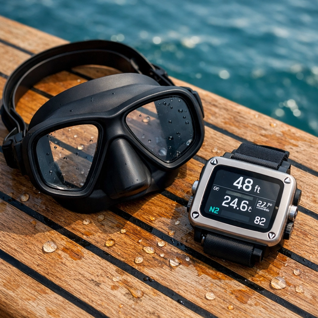 Essential scuba diving gear, including a mask and dive computer, resting on a wooden boat deck overlooking the ocean.