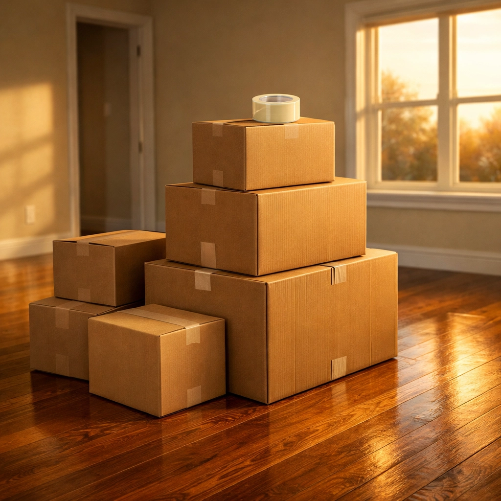 Stacked moving boxes in a bright room after choosing to sell my house fast Nashville for cash.