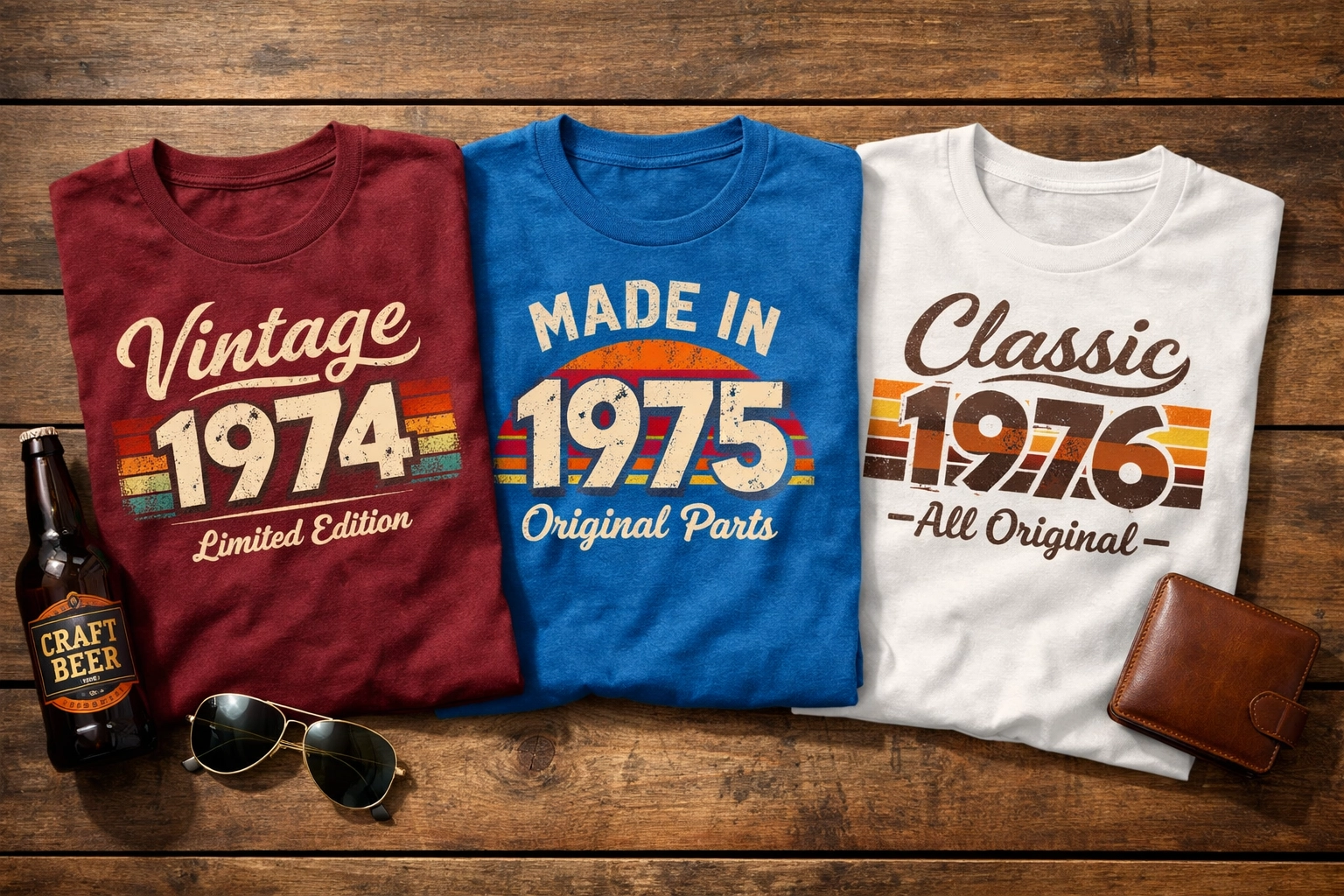 Three vintage birthday t-shirts featuring 1974, 1975, and 1976 retro designs