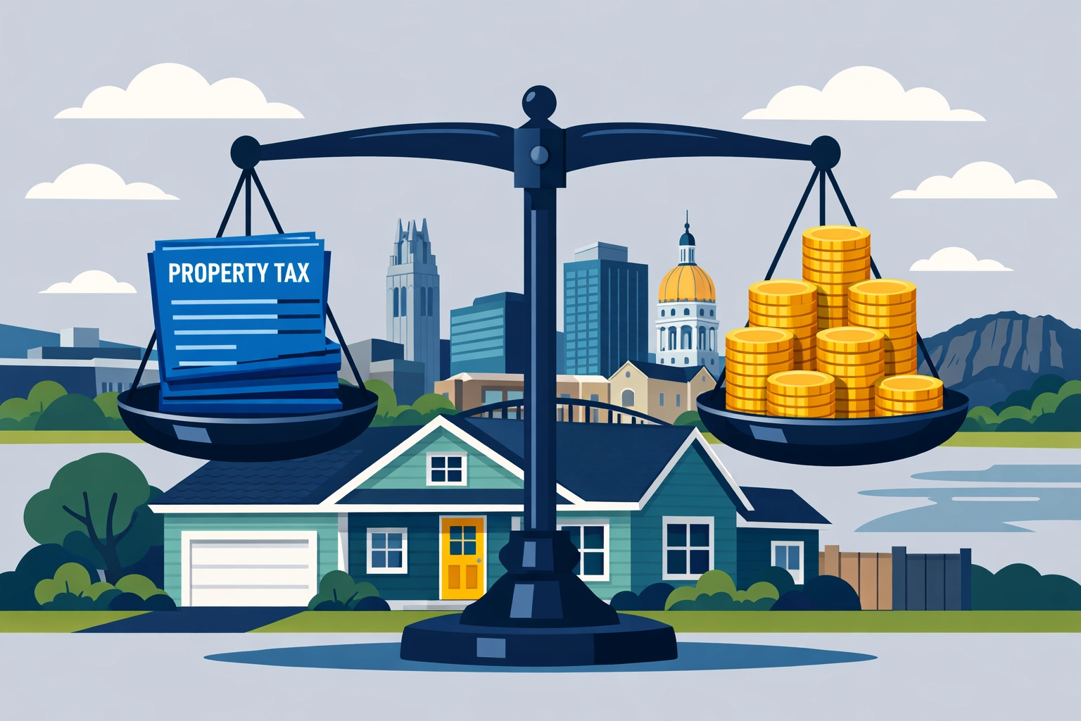 Illustration of balanced scales with New Haven property tax documents and coins representing increased SALT deductions.