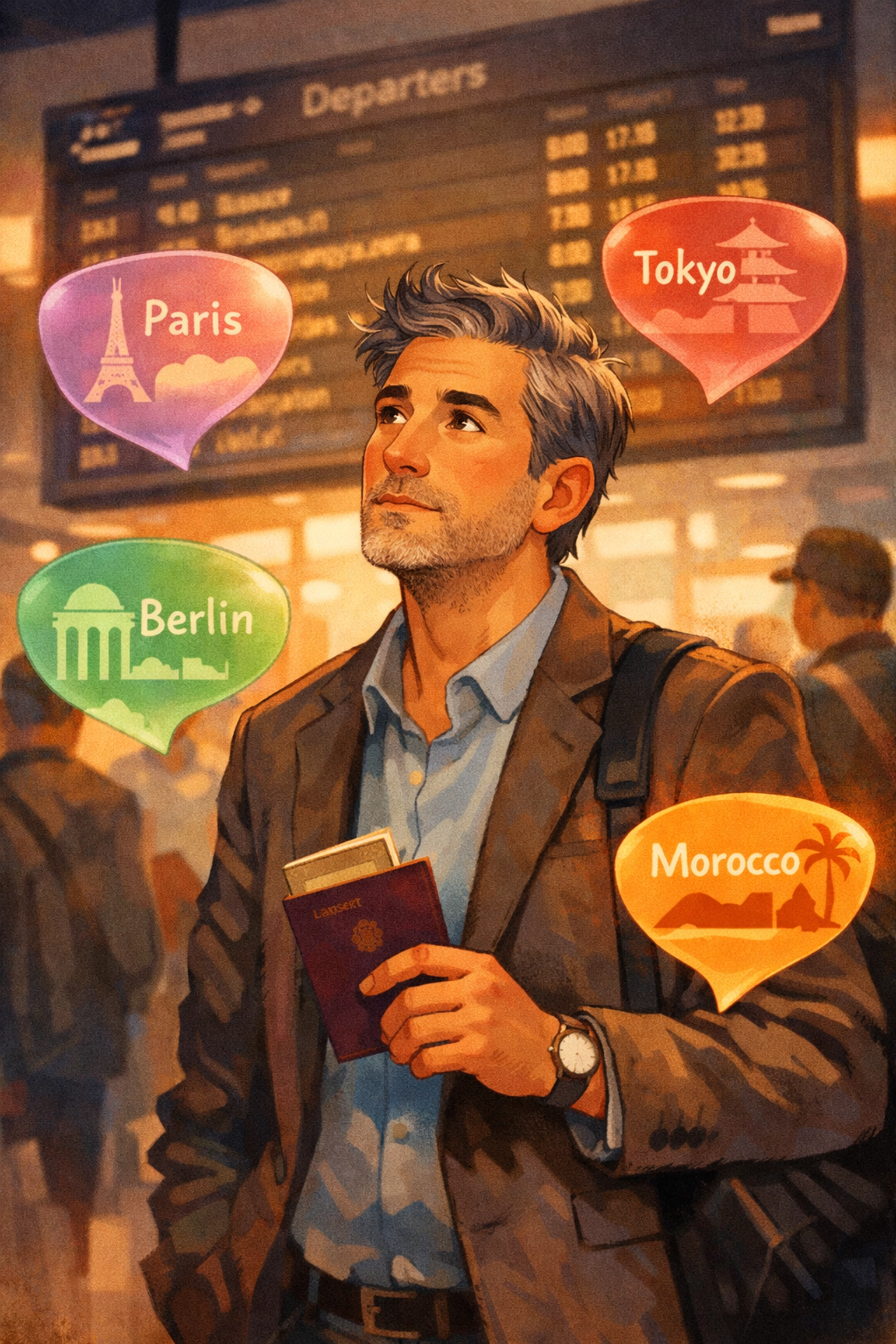 Gay author at airport departure board beginning global journey, LGBTQ+ travel fiction