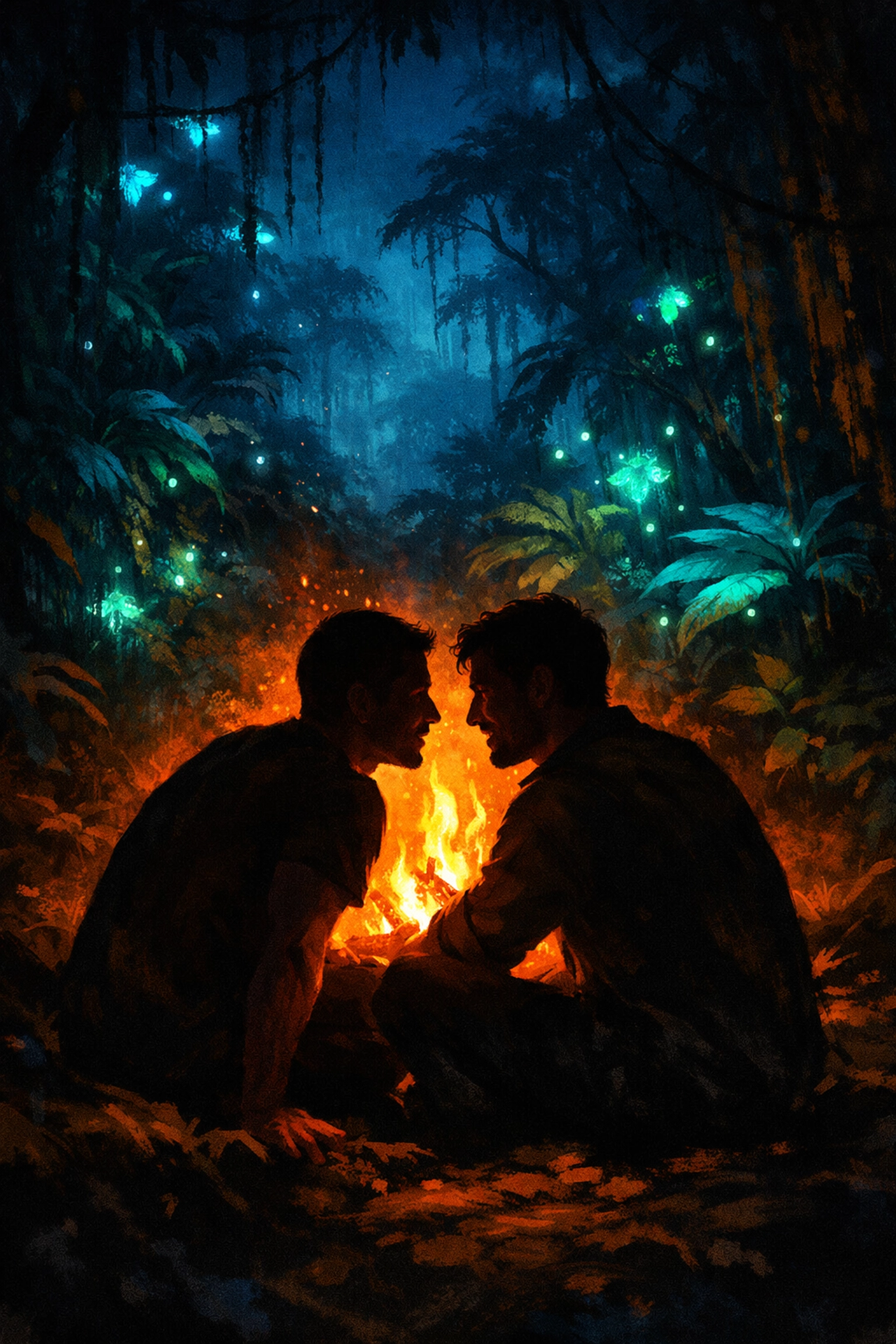 Baka men share stories by campfire in Congo rainforest, illustrating Indigenous LGBTQ+ oral traditions