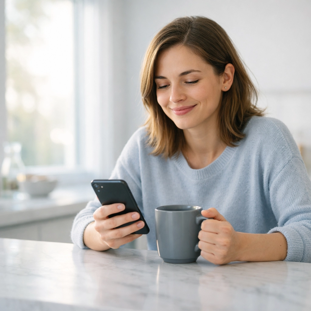 A relaxed person checking their phone for a same day loan e-Transfer in Canada during the morning.