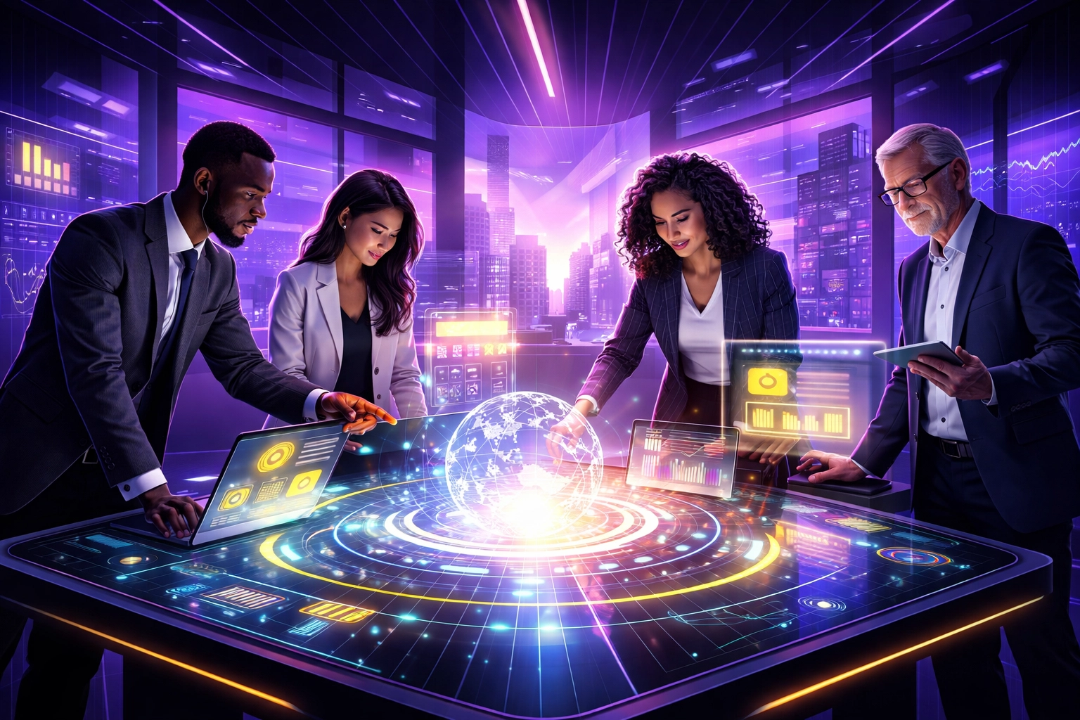 Diverse business team collaborating with AI dashboards, showcasing advanced AI implementation and digital marketing in Texas offices.