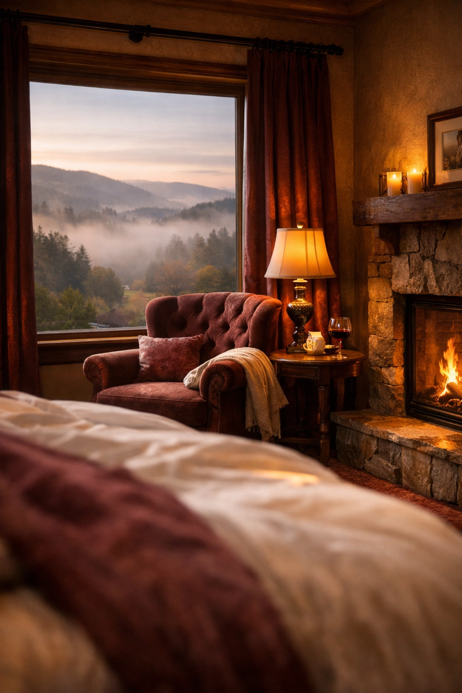 Cozy luxury boutique hotel room in UK with fireplace and countryside views for off-season winter getaway