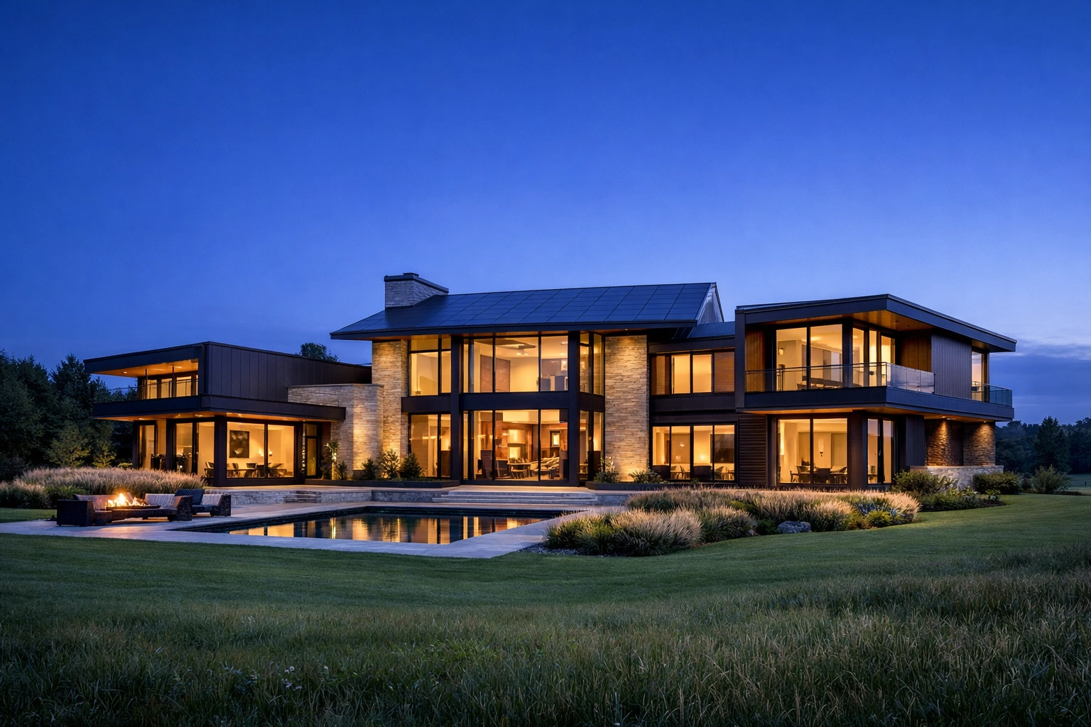 Modern Net-Zero luxury home in Ontario with integrated solar roof and floor-to-ceiling windows.