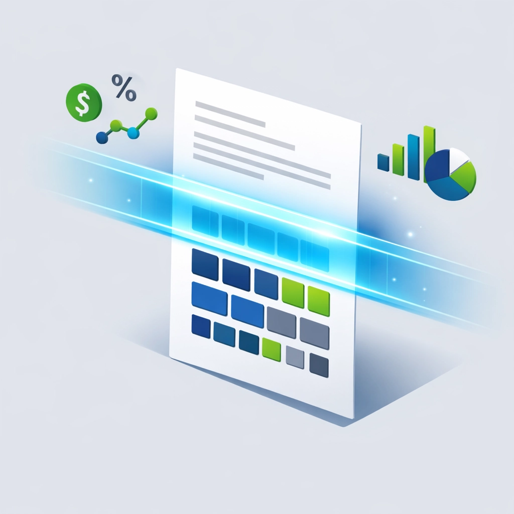 Flat design illustration of a tax document being scanned for accurate virtual tax preparation.
